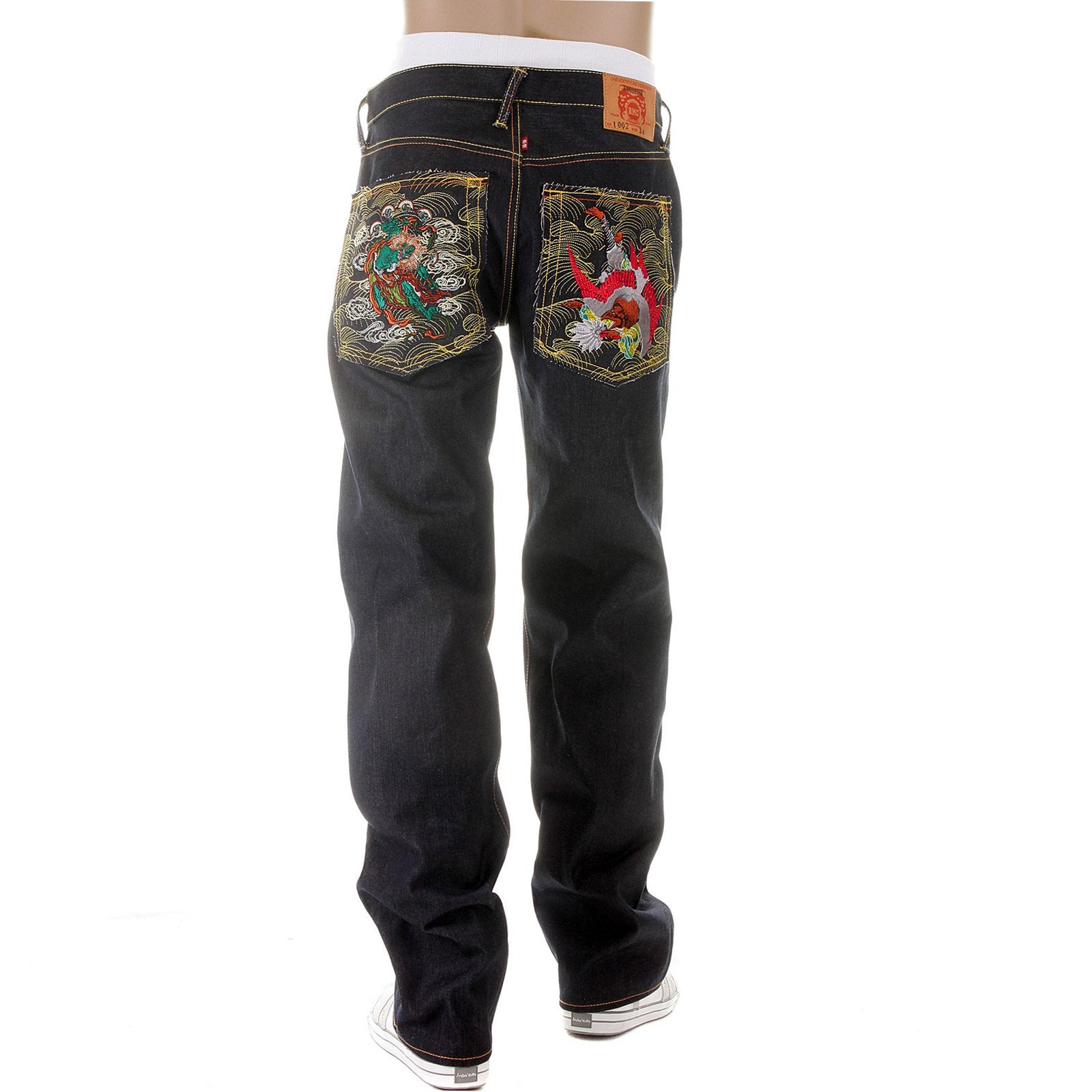 RMC MARTIN KSOHOH DARK INDIGO 11 VINTAGE CUT RAW SELVEDGE DENIM JEANS WITH FUJIN AND RAIJIN EMBROIDERY REDM2900