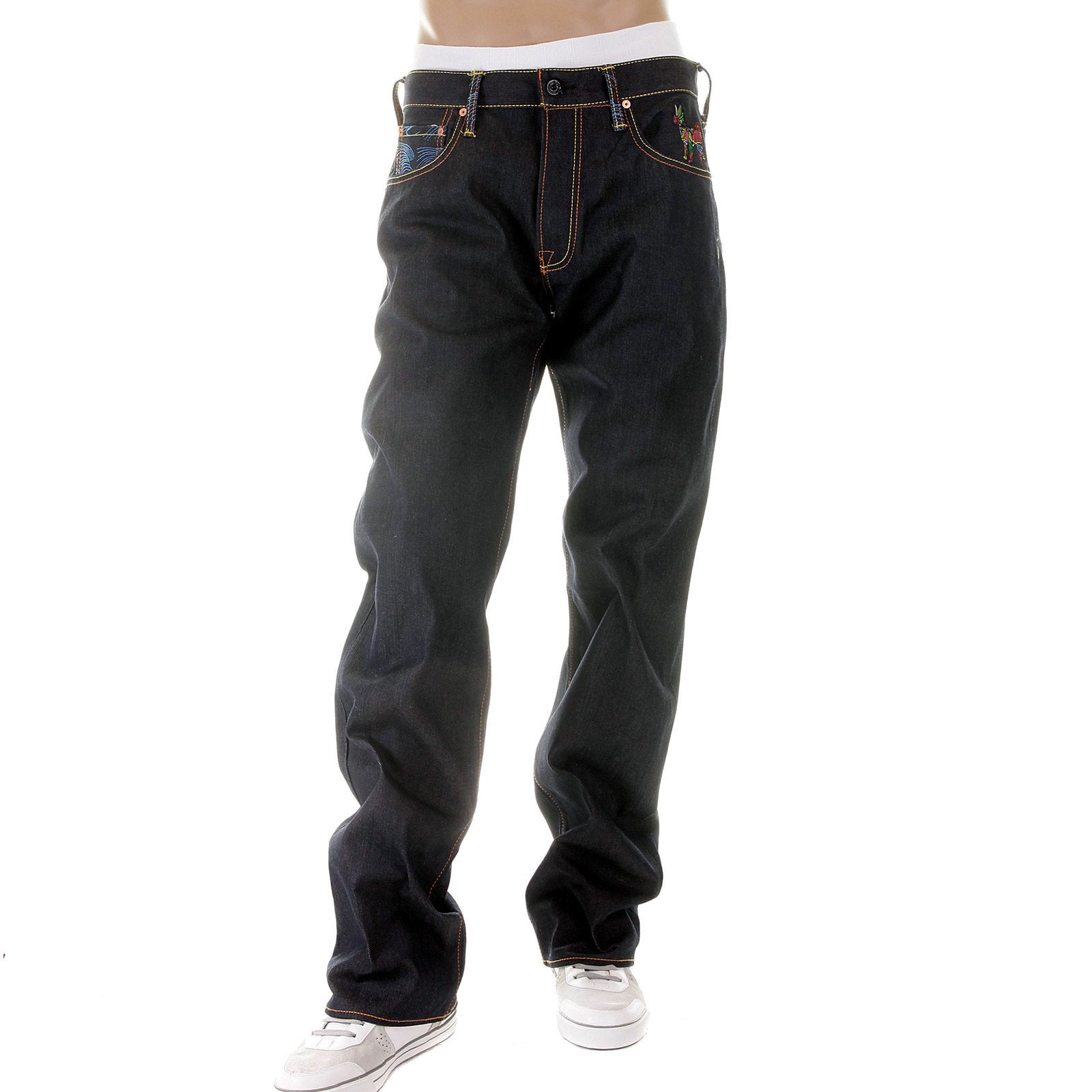 RMC MARTIN KSOHOH DARK INDIGO 11 VINTAGE CUT RAW SELVEDGE DENIM JEANS WITH FUJIN AND RAIJIN EMBROIDERY REDM2900