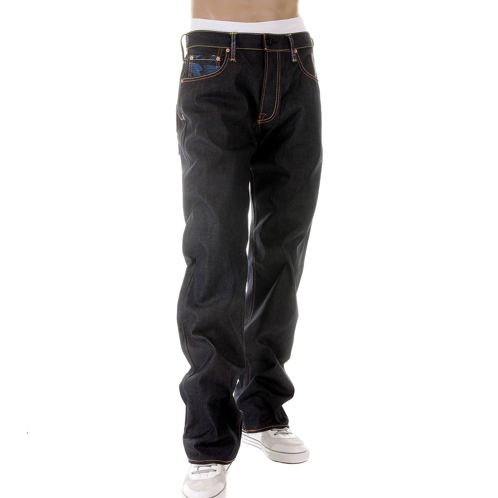 RMC MARTIN KSOHOH DARK INDIGO 11 VINTAGE CUT RAW SELVEDGE DENIM JEANS WITH FUJIN AND RAIJIN EMBROIDERY REDM2900