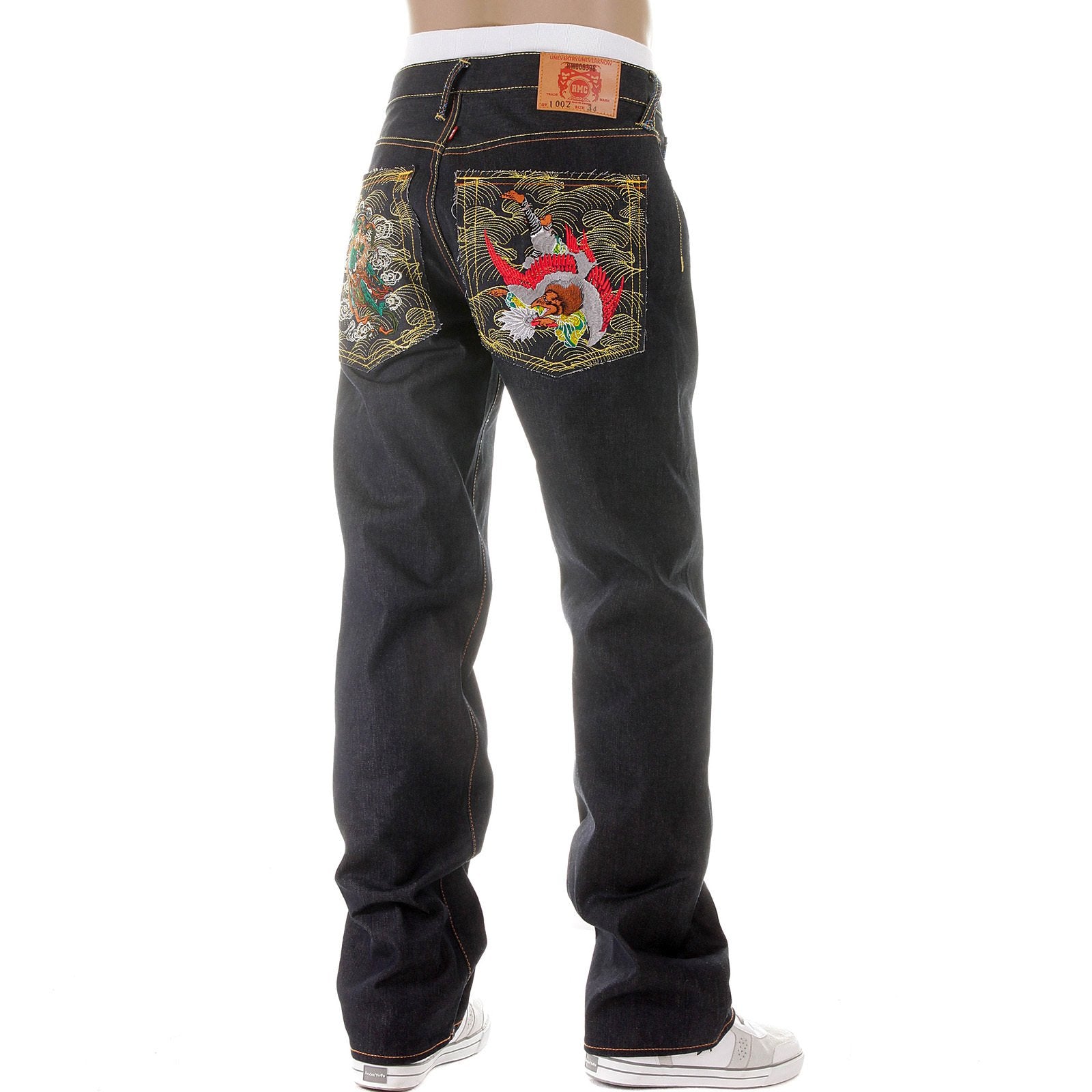 RMC MARTIN KSOHOH DARK INDIGO 11 VINTAGE CUT RAW SELVEDGE DENIM JEANS WITH FUJIN AND RAIJIN EMBROIDERY REDM2900