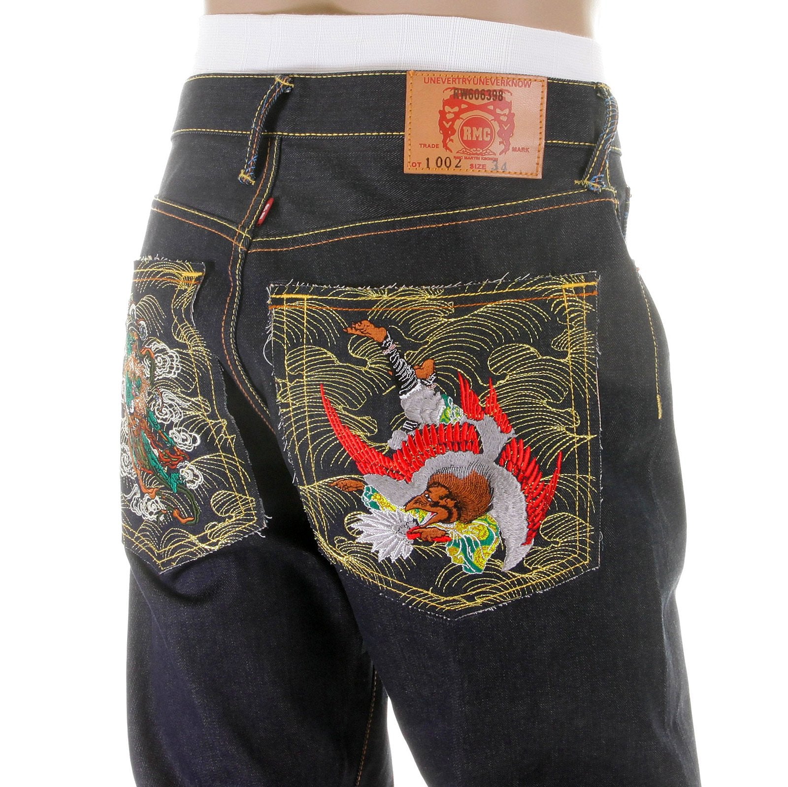 RMC MARTIN KSOHOH DARK INDIGO 11 VINTAGE CUT RAW SELVEDGE DENIM JEANS WITH FUJIN AND RAIJIN EMBROIDERY REDM2900