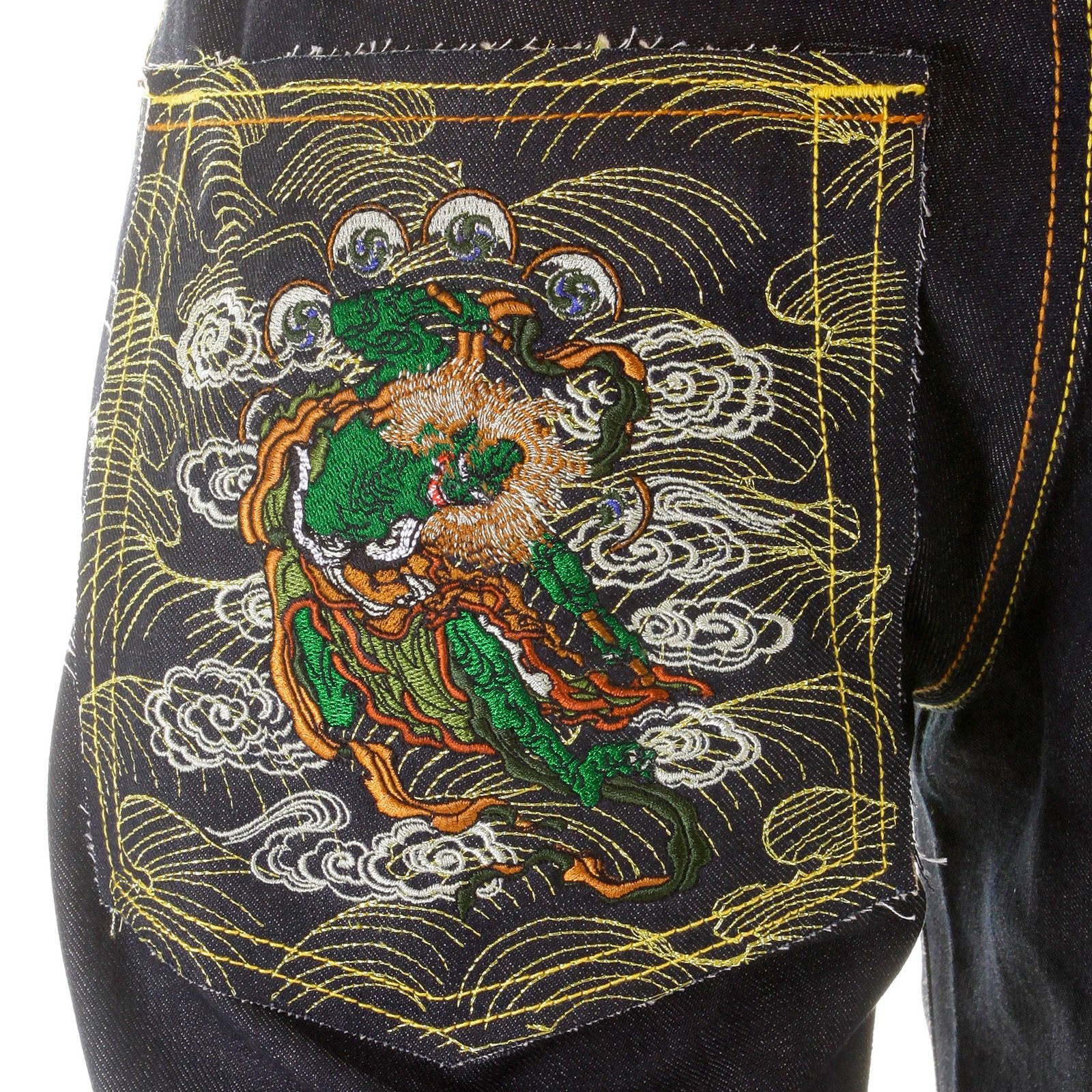RMC MARTIN KSOHOH DARK INDIGO 11 VINTAGE CUT RAW SELVEDGE DENIM JEANS WITH FUJIN AND RAIJIN EMBROIDERY REDM2900