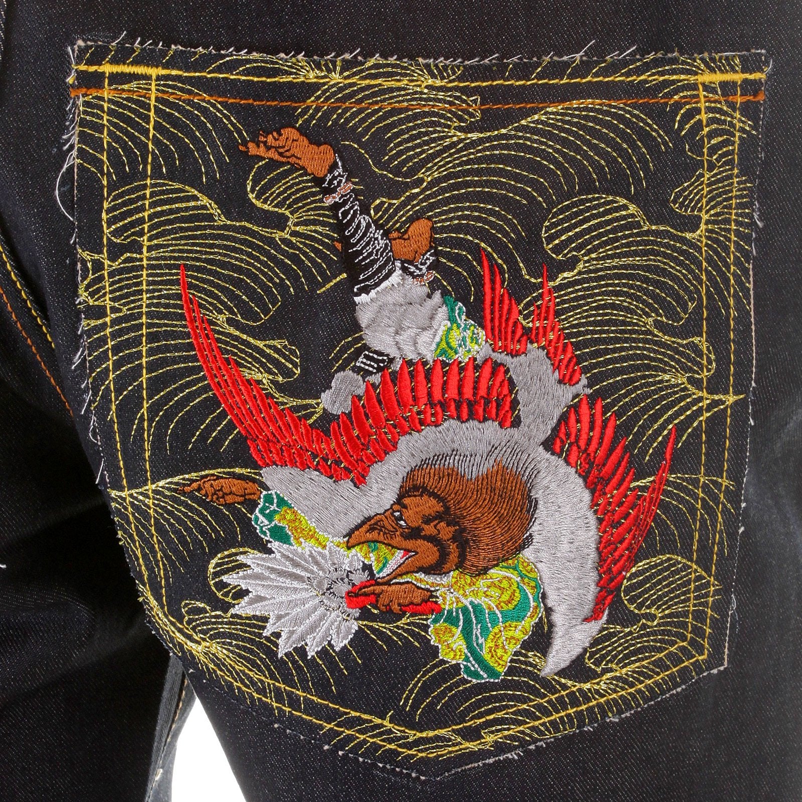 RMC MARTIN KSOHOH DARK INDIGO 11 VINTAGE CUT RAW SELVEDGE DENIM JEANS WITH FUJIN AND RAIJIN EMBROIDERY REDM2900