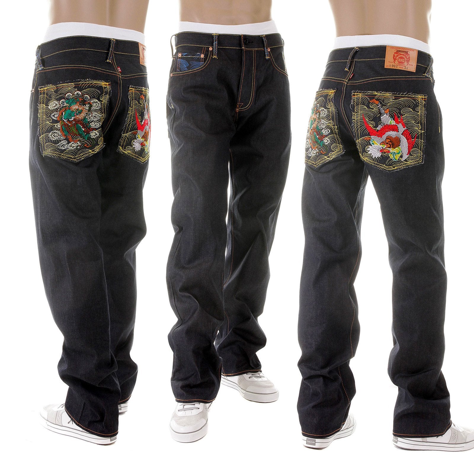 RMC MARTIN KSOHOH DARK INDIGO 11 VINTAGE CUT RAW SELVEDGE DENIM JEANS WITH FUJIN AND RAIJIN EMBROIDERY REDM2900