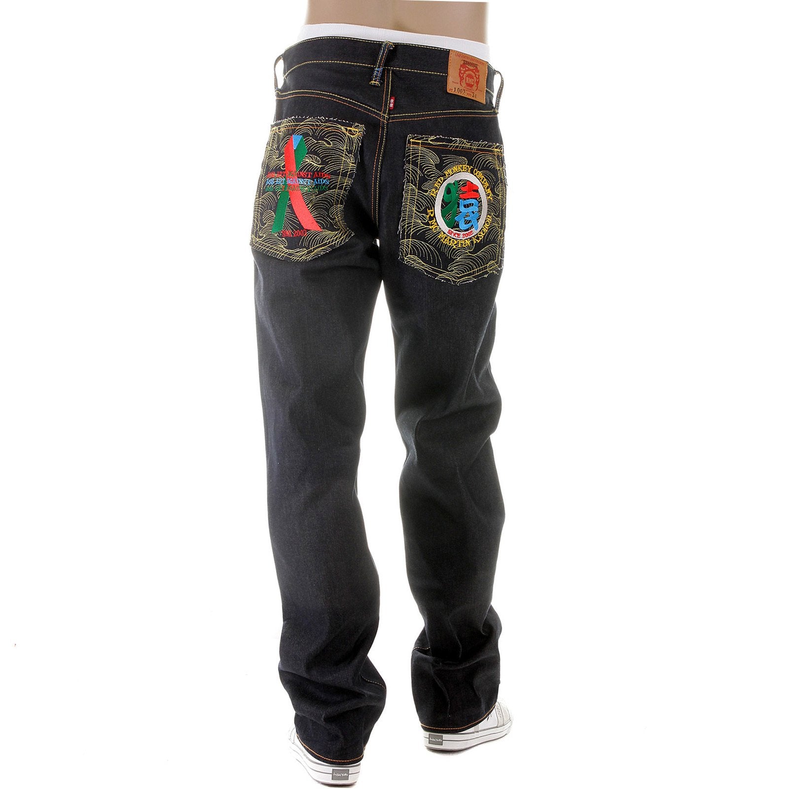 RMC MARTIN KSOHOH DARK INDIGO VINTAGE CUT RAW SELVEDGE DENIM JEANS WITH 4A SARU RIBBON EMBROIDERY REDM2897