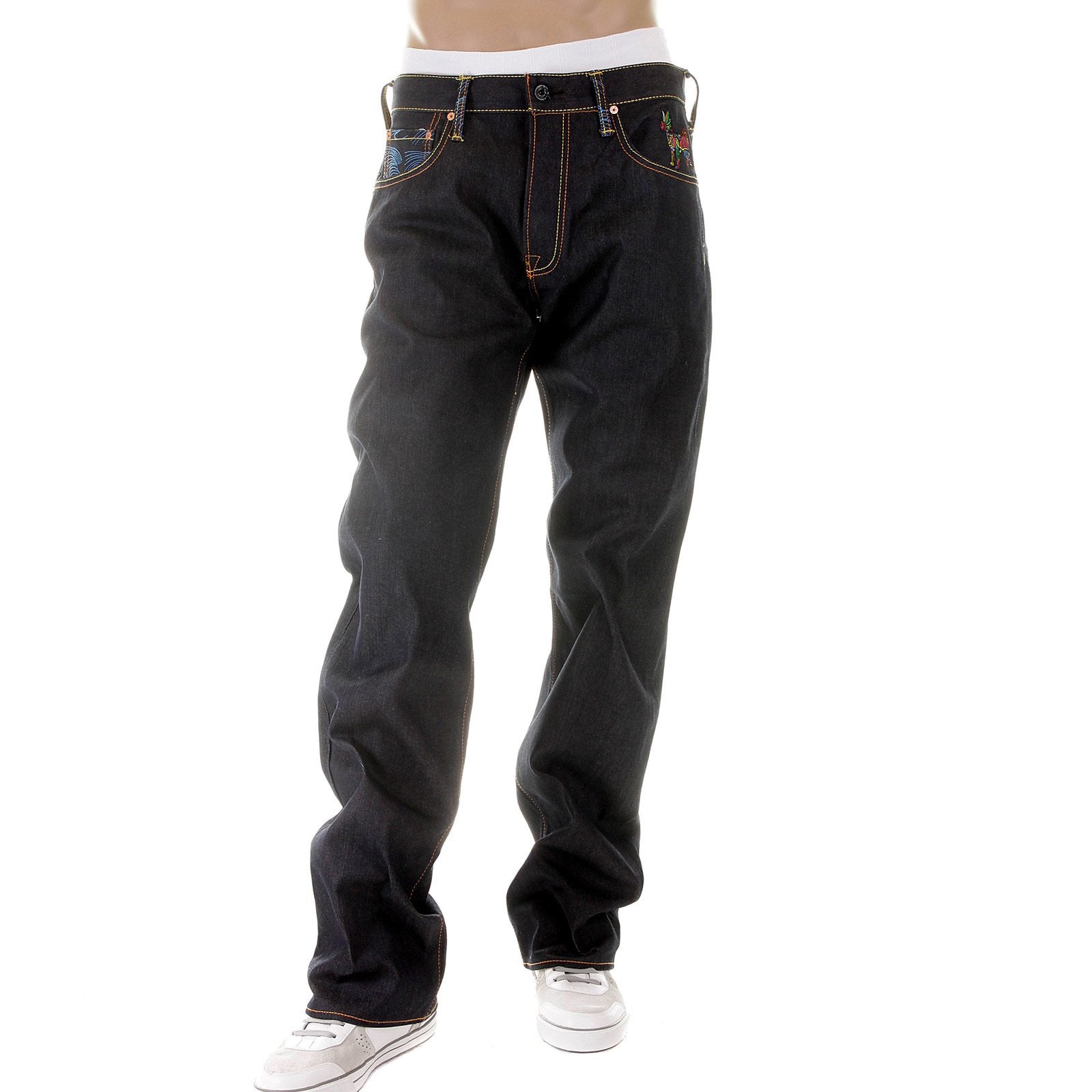 RMC MARTIN KSOHOH DARK INDIGO VINTAGE CUT RAW SELVEDGE DENIM JEANS WITH 4A SARU RIBBON EMBROIDERY REDM2897