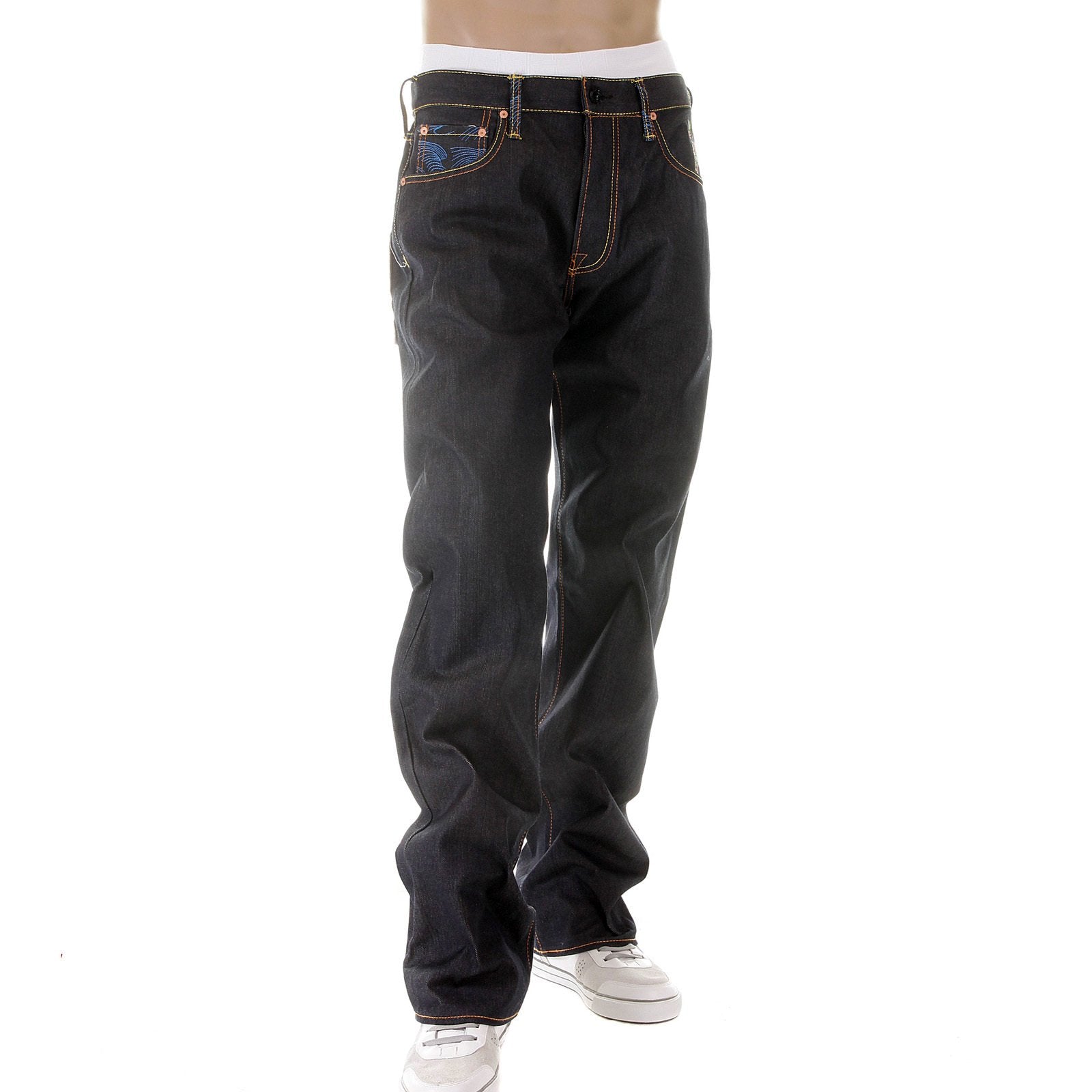 RMC MARTIN KSOHOH DARK INDIGO VINTAGE CUT RAW SELVEDGE DENIM JEANS WITH 4A SARU RIBBON EMBROIDERY REDM2897