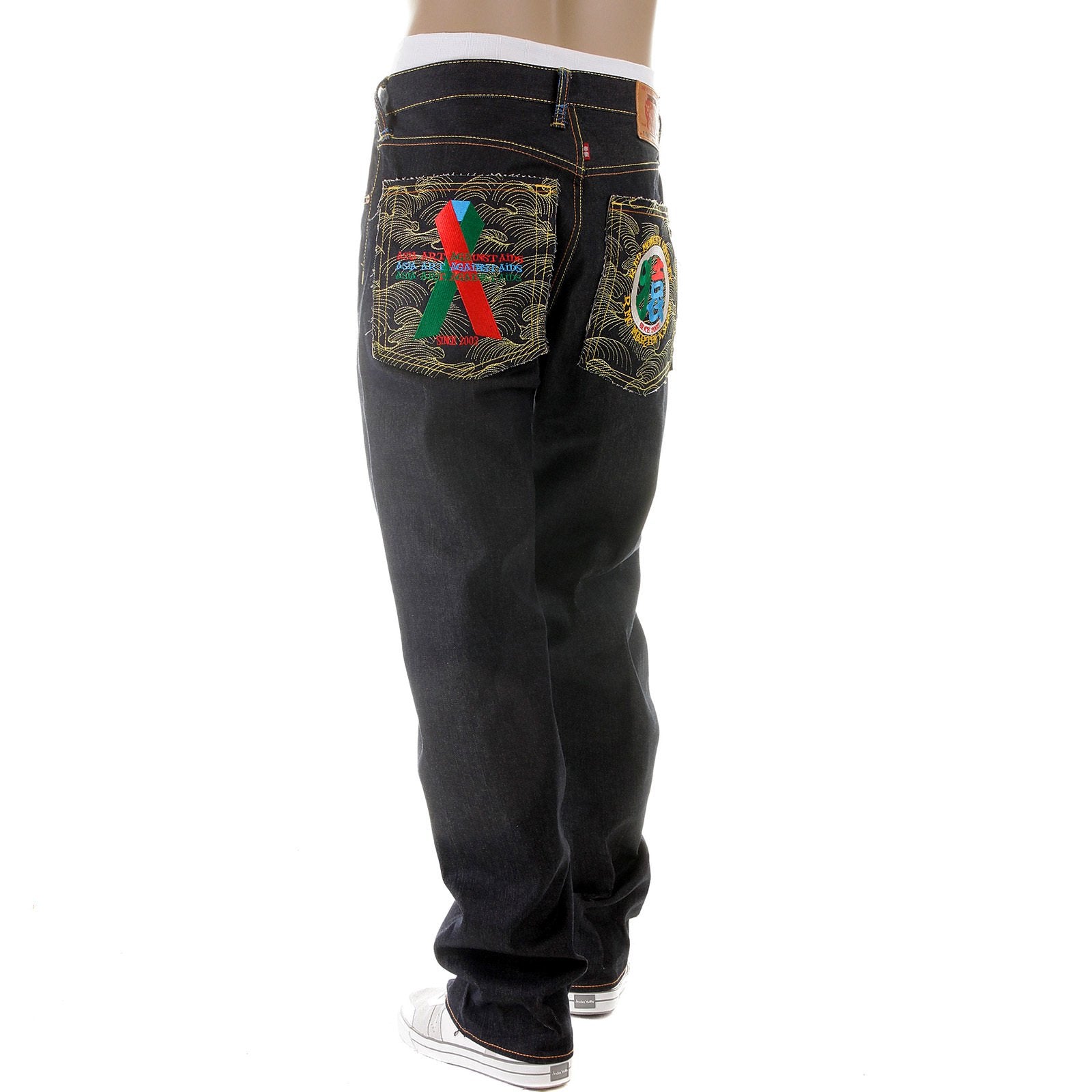 RMC MARTIN KSOHOH DARK INDIGO VINTAGE CUT RAW SELVEDGE DENIM JEANS WITH 4A SARU RIBBON EMBROIDERY REDM2897
