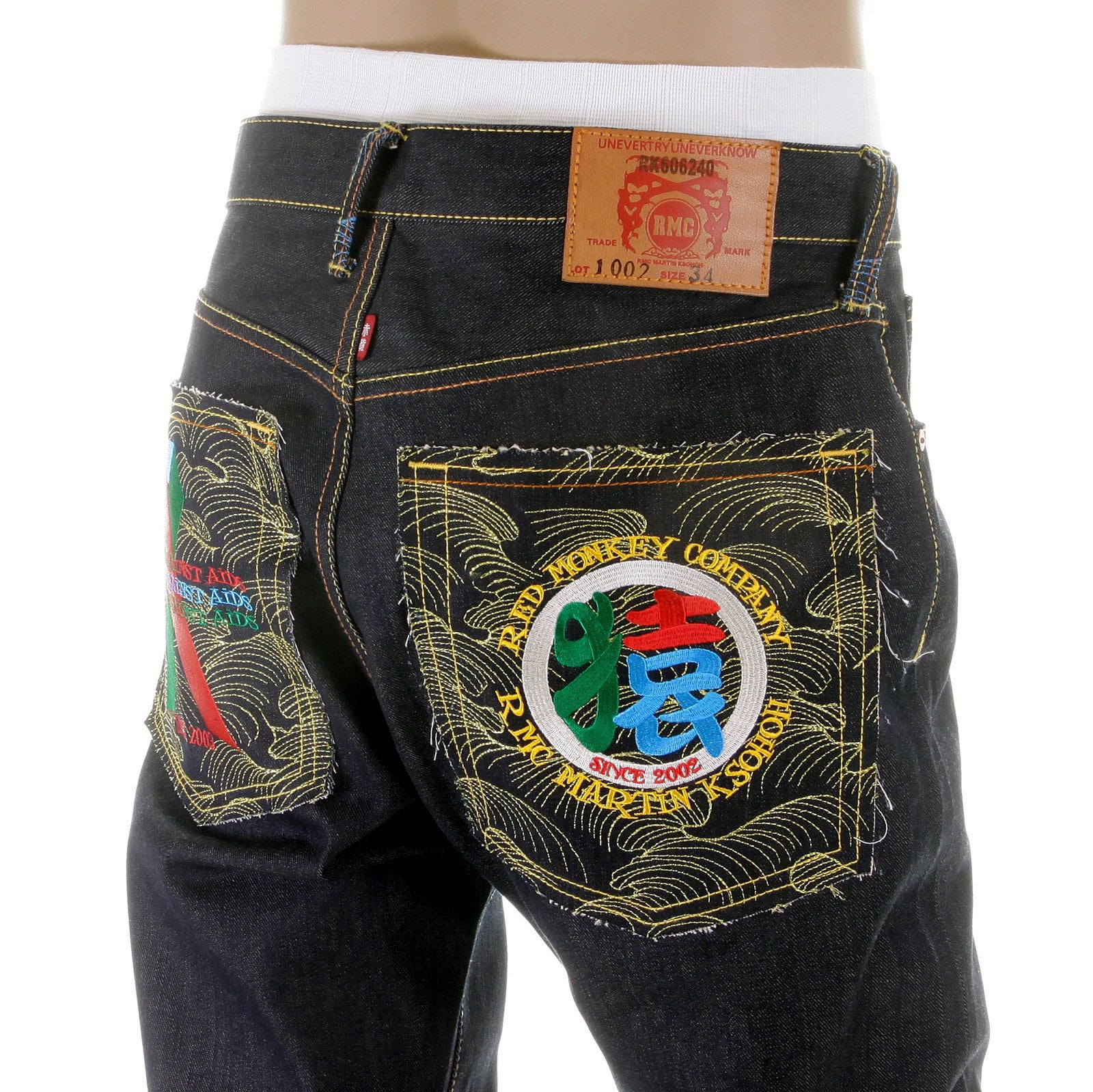 RMC MARTIN KSOHOH DARK INDIGO VINTAGE CUT RAW SELVEDGE DENIM JEANS WITH 4A SARU RIBBON EMBROIDERY REDM2897