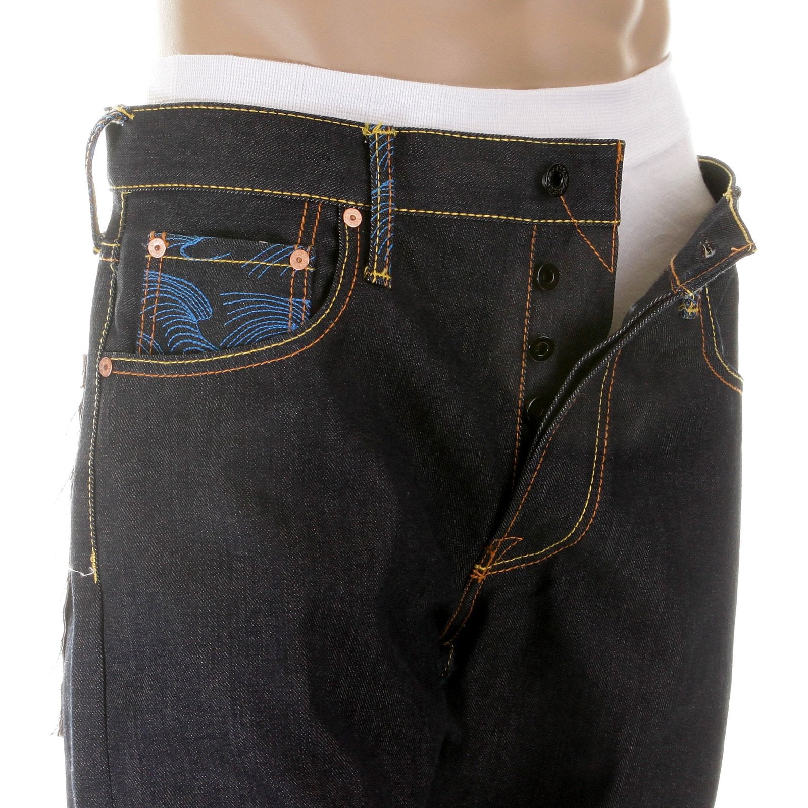 RMC MARTIN KSOHOH DARK INDIGO VINTAGE CUT RAW SELVEDGE DENIM JEANS WITH 4A SARU RIBBON EMBROIDERY REDM2897