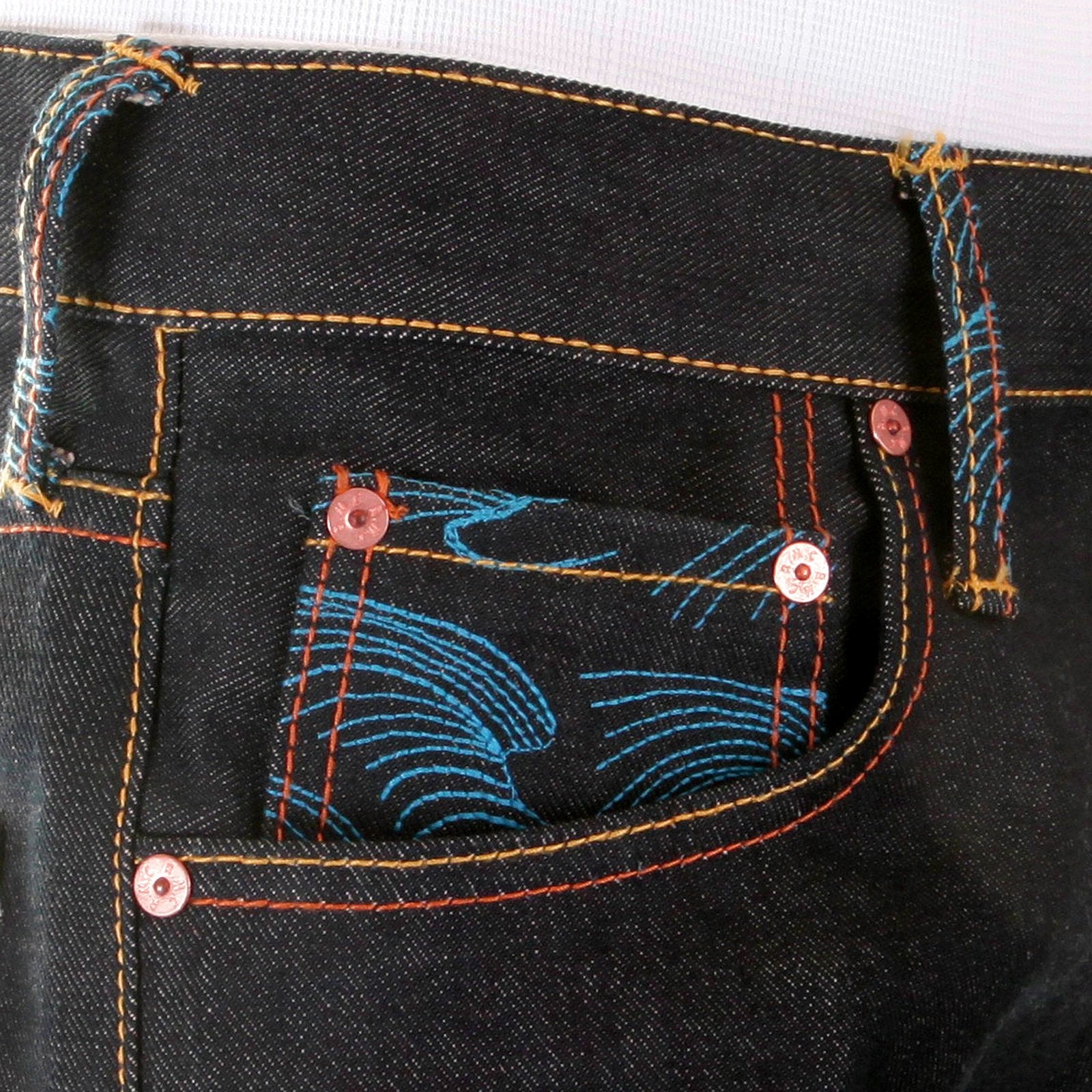 RMC MARTIN KSOHOH DARK INDIGO VINTAGE CUT RAW SELVEDGE DENIM JEANS WITH 4A SARU RIBBON EMBROIDERY REDM2897