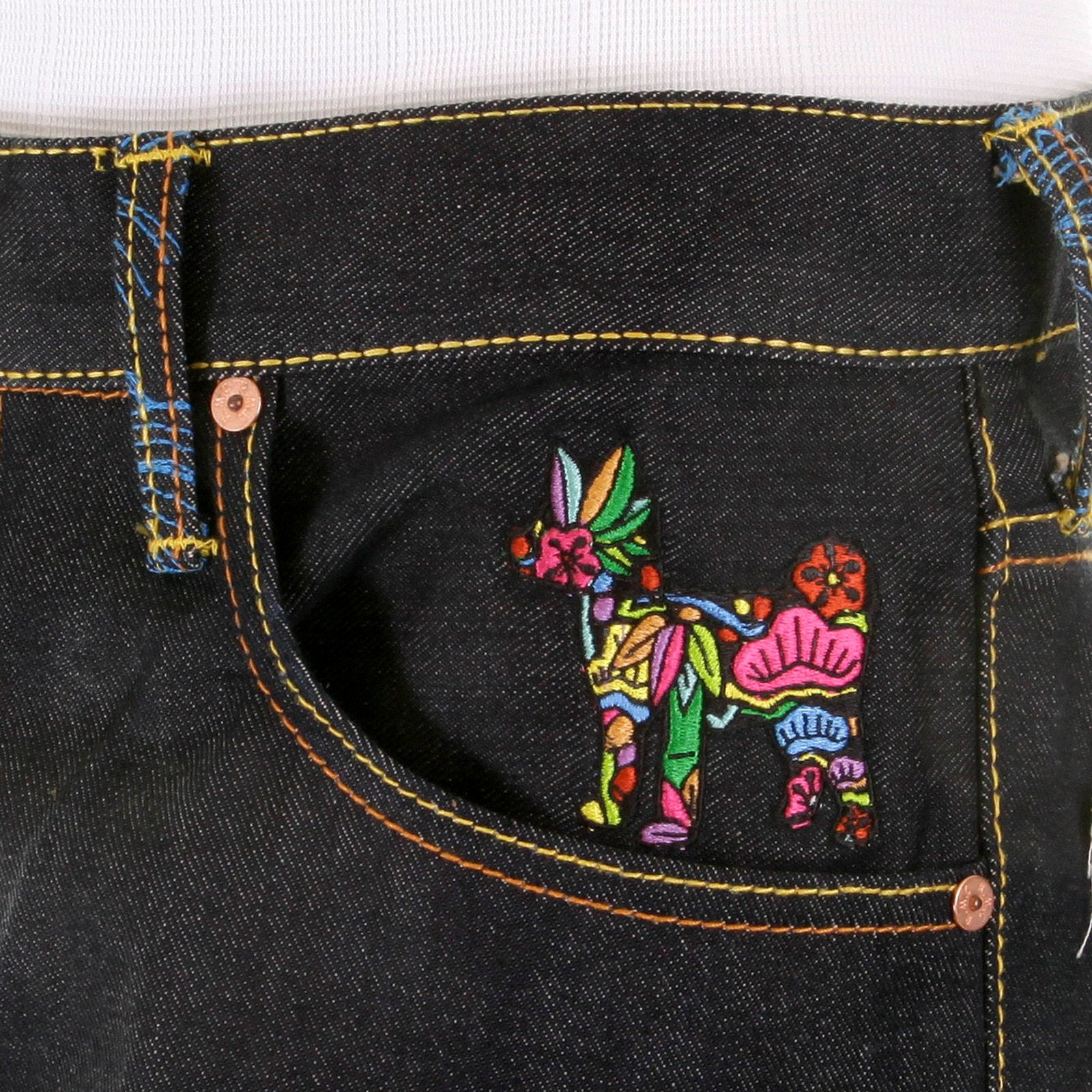 RMC MARTIN KSOHOH DARK INDIGO VINTAGE CUT RAW SELVEDGE DENIM JEANS WITH 4A SARU RIBBON EMBROIDERY REDM2897