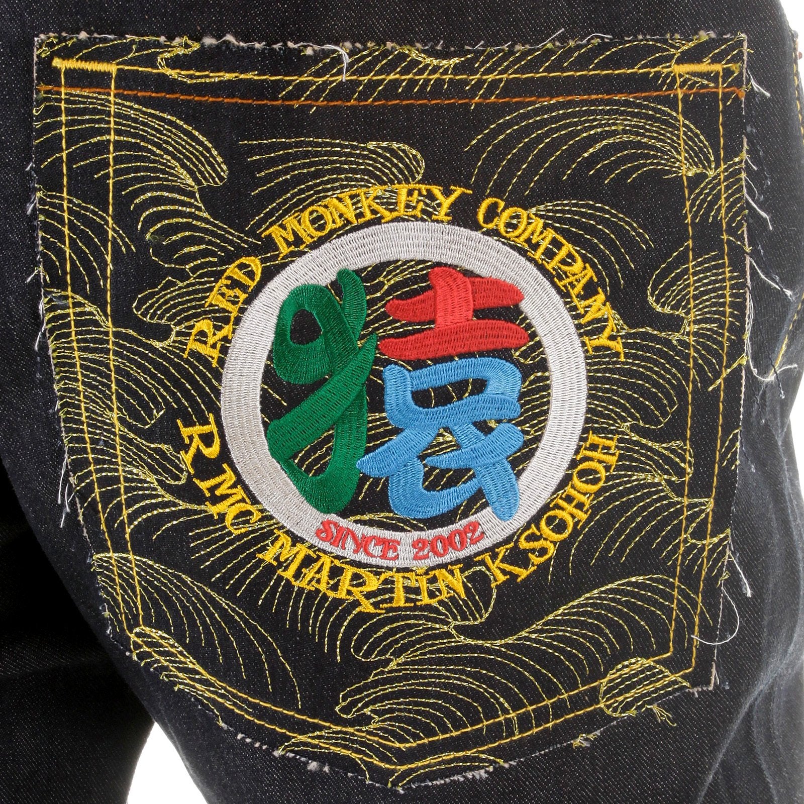 RMC MARTIN KSOHOH DARK INDIGO VINTAGE CUT RAW SELVEDGE DENIM JEANS WITH 4A SARU RIBBON EMBROIDERY REDM2897