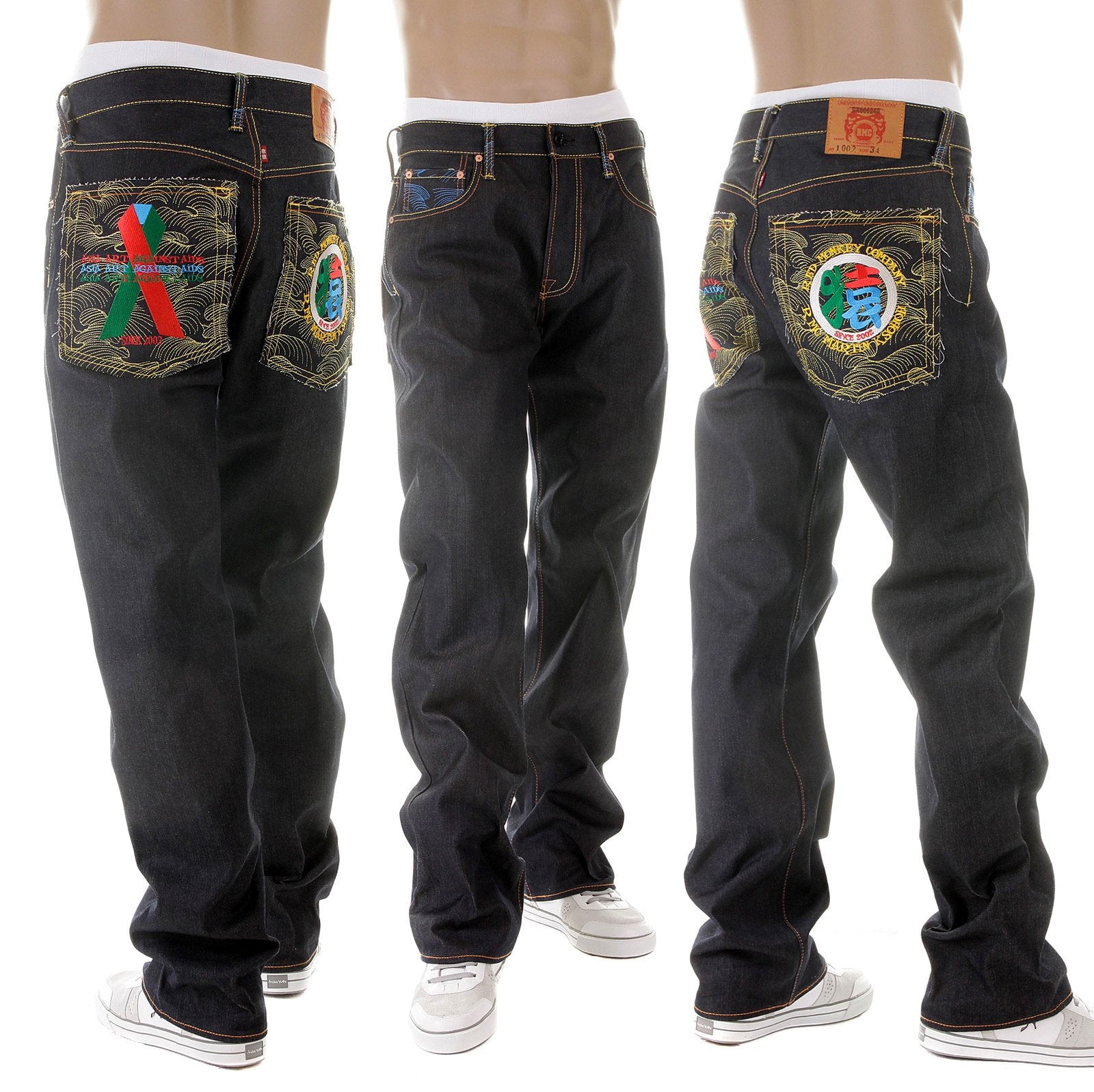 RMC MARTIN KSOHOH DARK INDIGO VINTAGE CUT RAW SELVEDGE DENIM JEANS WITH 4A SARU RIBBON EMBROIDERY REDM2897