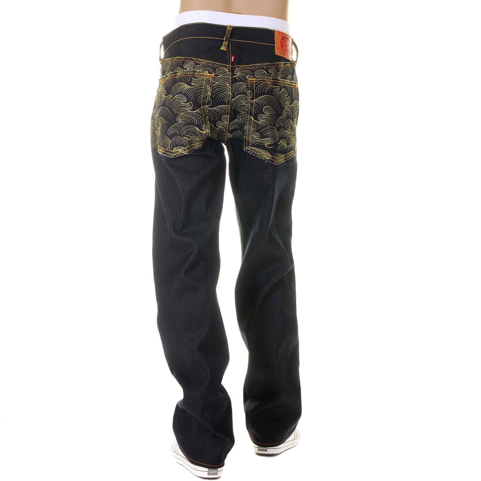 RMC MARTIN KSOHOH DARK INDIGO VINTAGE CUT RAW SELVEDGE DENIM JEANS WITH GOLD TSUNAMI WAVE EMBROIDERY REDM6215