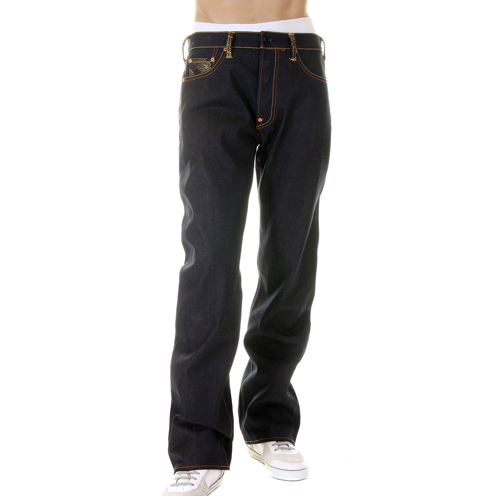RMC MARTIN KSOHOH DARK INDIGO VINTAGE CUT RAW SELVEDGE DENIM JEANS WITH GOLD TSUNAMI WAVE EMBROIDERY REDM6215