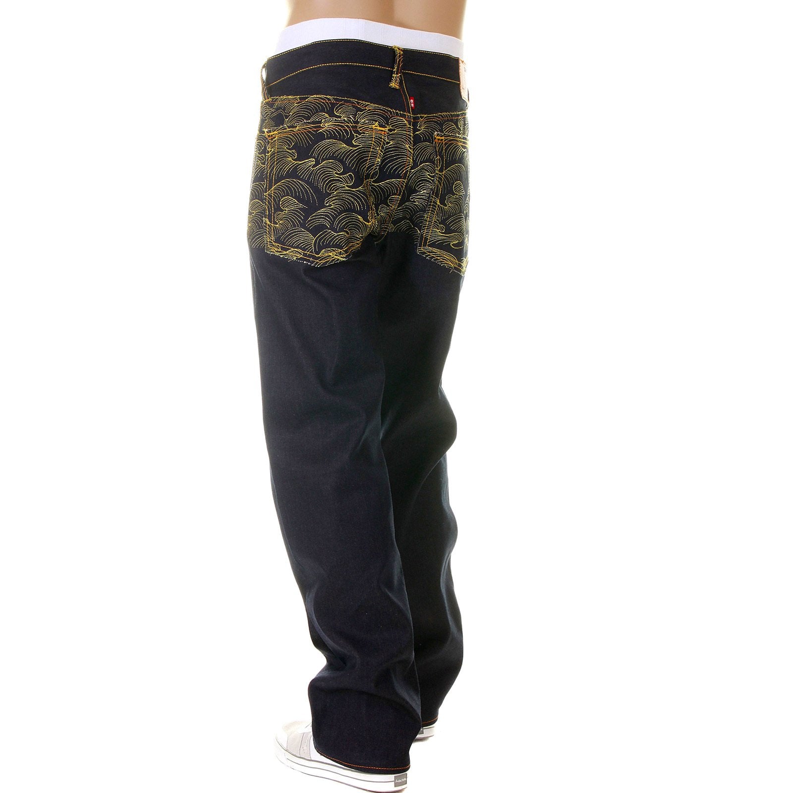 RMC MARTIN KSOHOH DARK INDIGO VINTAGE CUT RAW SELVEDGE DENIM JEANS WITH GOLD TSUNAMI WAVE EMBROIDERY REDM6215