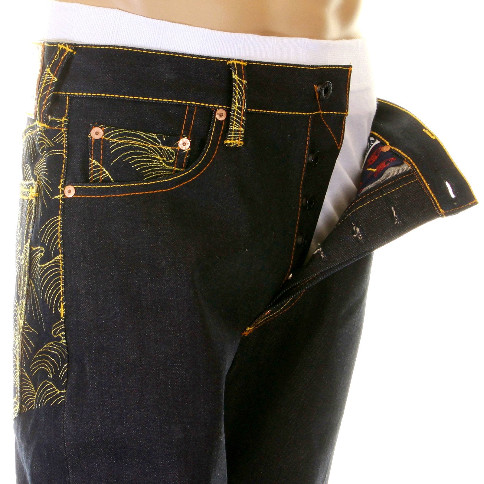 RMC MARTIN KSOHOH DARK INDIGO VINTAGE CUT RAW SELVEDGE DENIM JEANS WITH GOLD TSUNAMI WAVE EMBROIDERY REDM6215