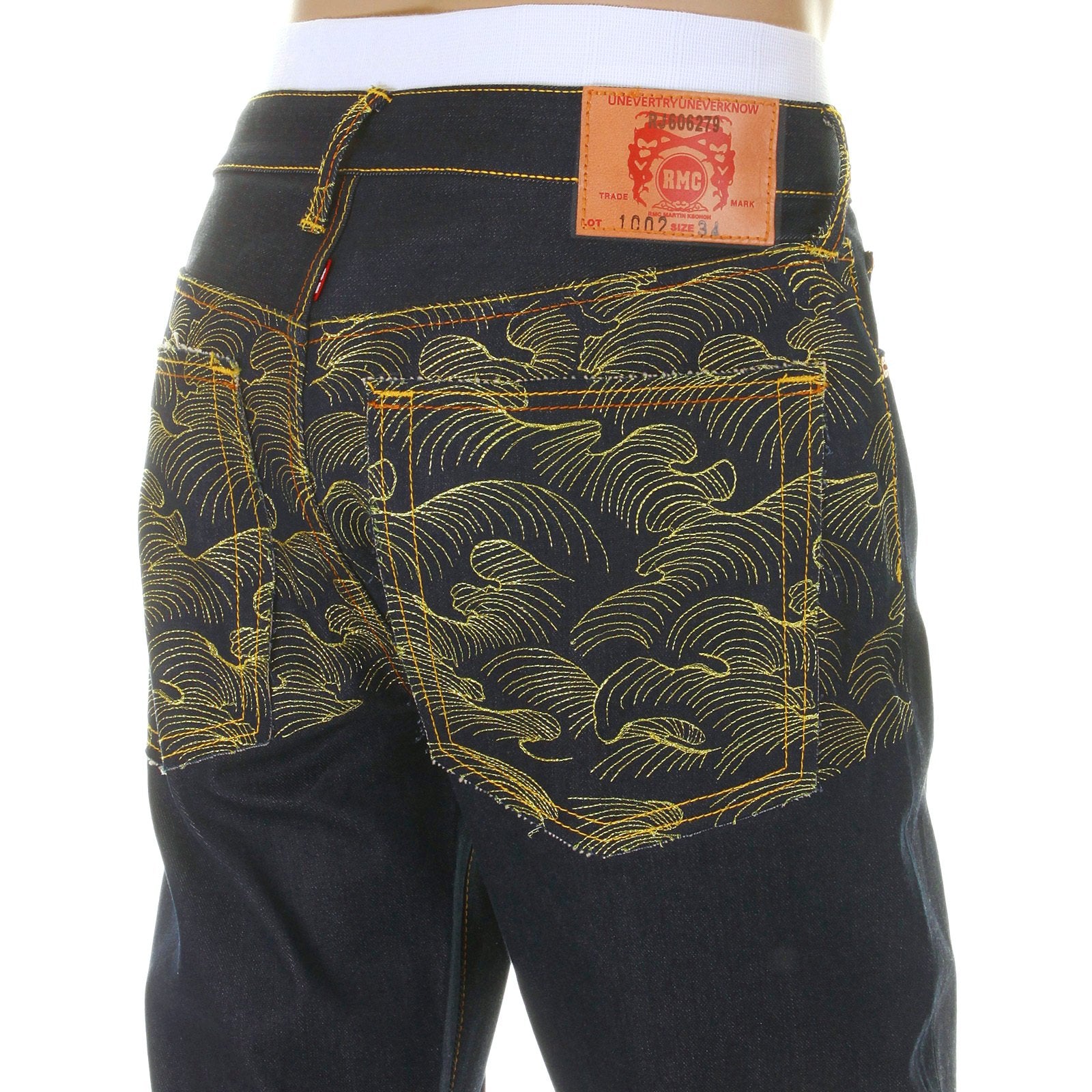 RMC MARTIN KSOHOH DARK INDIGO VINTAGE CUT RAW SELVEDGE DENIM JEANS WITH GOLD TSUNAMI WAVE EMBROIDERY REDM6215