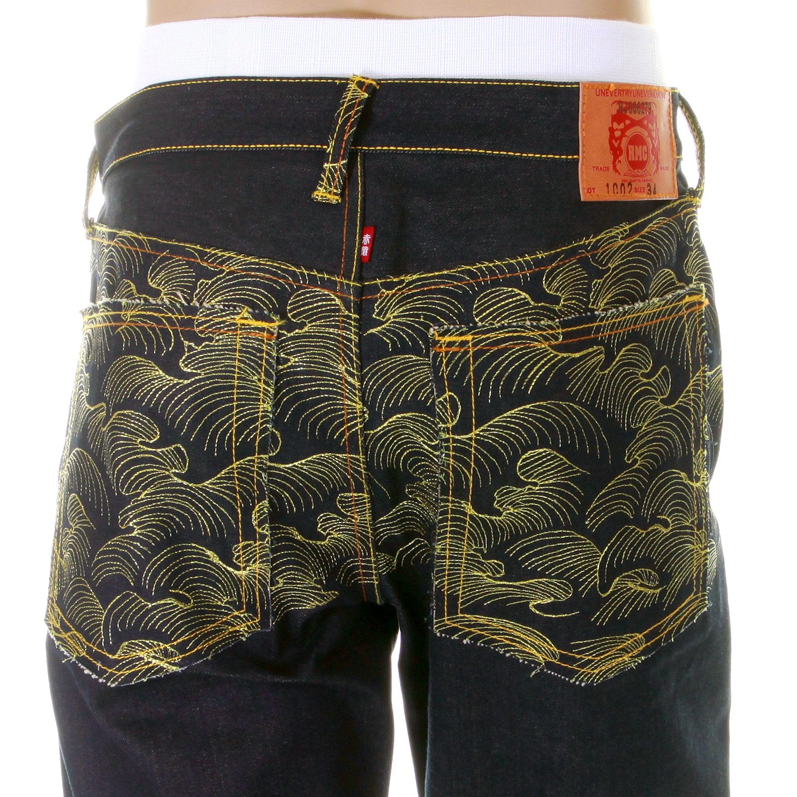 RMC MARTIN KSOHOH DARK INDIGO VINTAGE CUT RAW SELVEDGE DENIM JEANS WITH GOLD TSUNAMI WAVE EMBROIDERY REDM6215