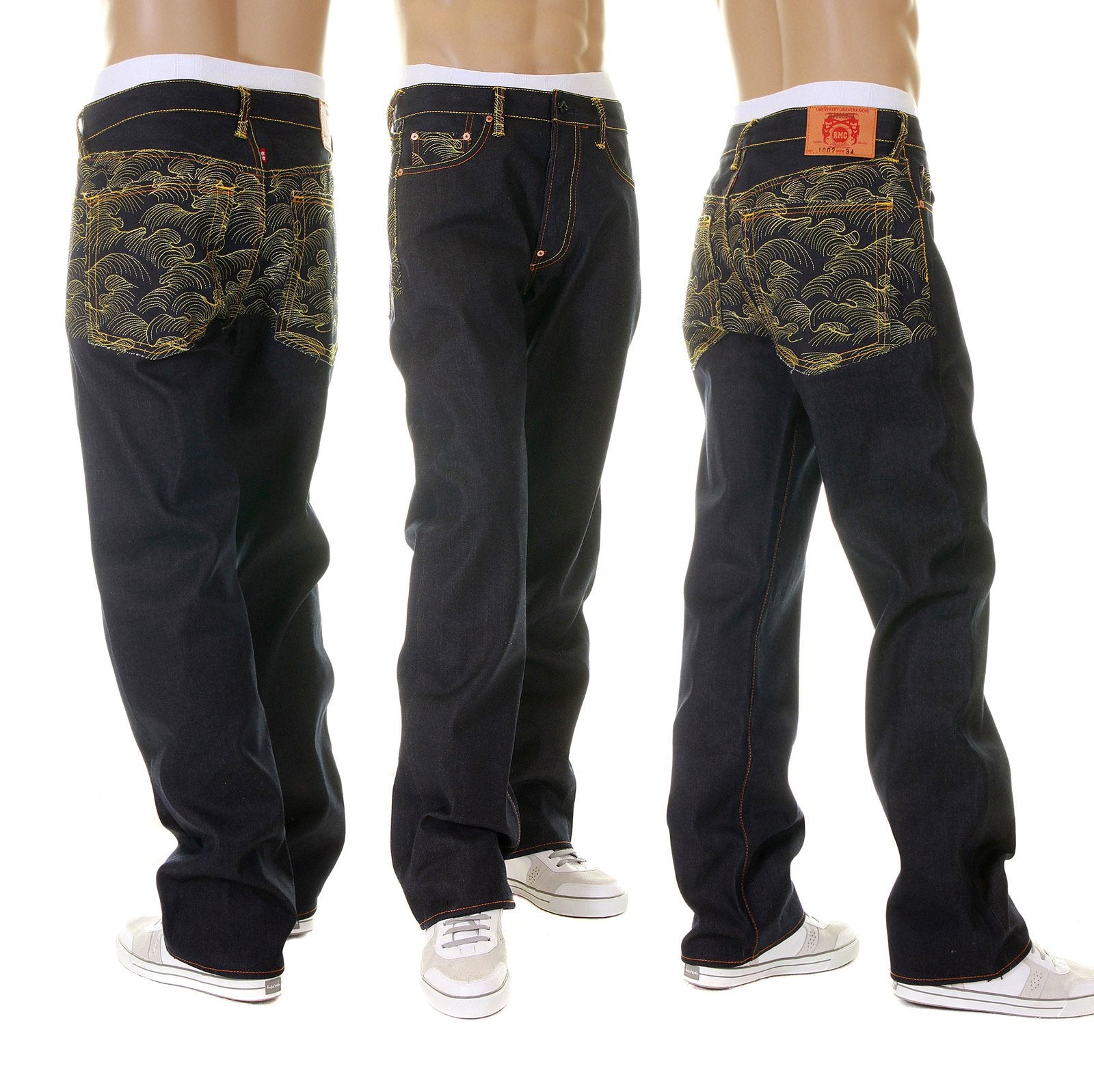 RMC MARTIN KSOHOH DARK INDIGO VINTAGE CUT RAW SELVEDGE DENIM JEANS WITH GOLD TSUNAMI WAVE EMBROIDERY REDM6215