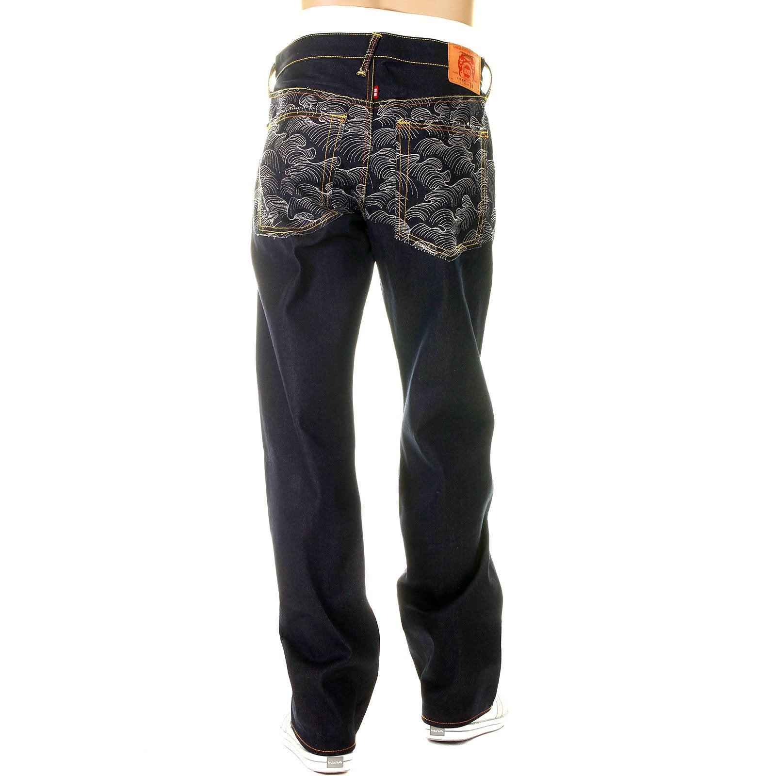 RMC SUPER EXCLUSIVE EMBROIDERED SILVER TSUNAMI WAVE DARK INDIGO VINTAGE CUT RAW DENIM JEANS FOR MEN REDM6217
