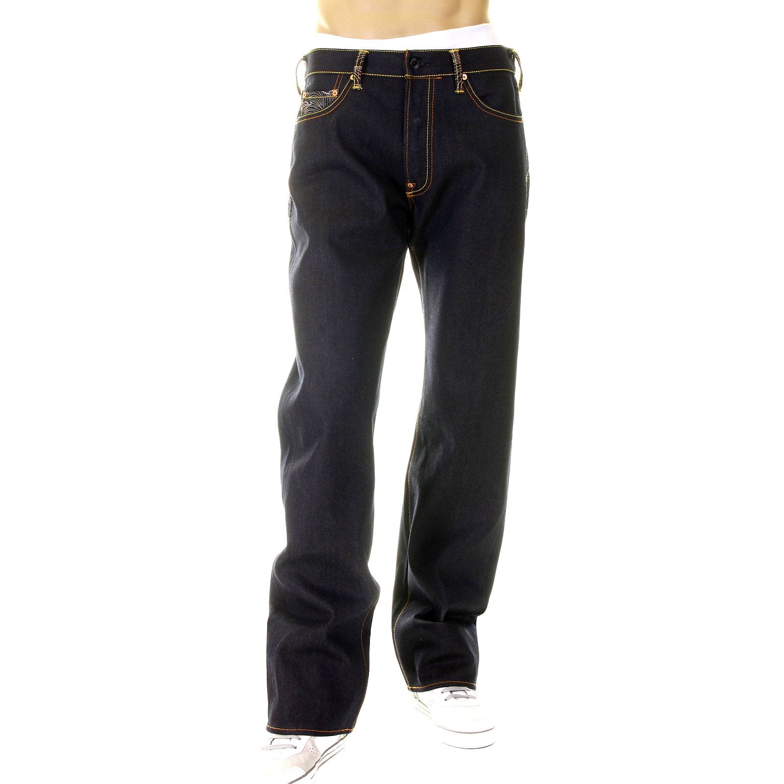 RMC SUPER EXCLUSIVE EMBROIDERED SILVER TSUNAMI WAVE DARK INDIGO VINTAGE CUT RAW DENIM JEANS FOR MEN REDM6217