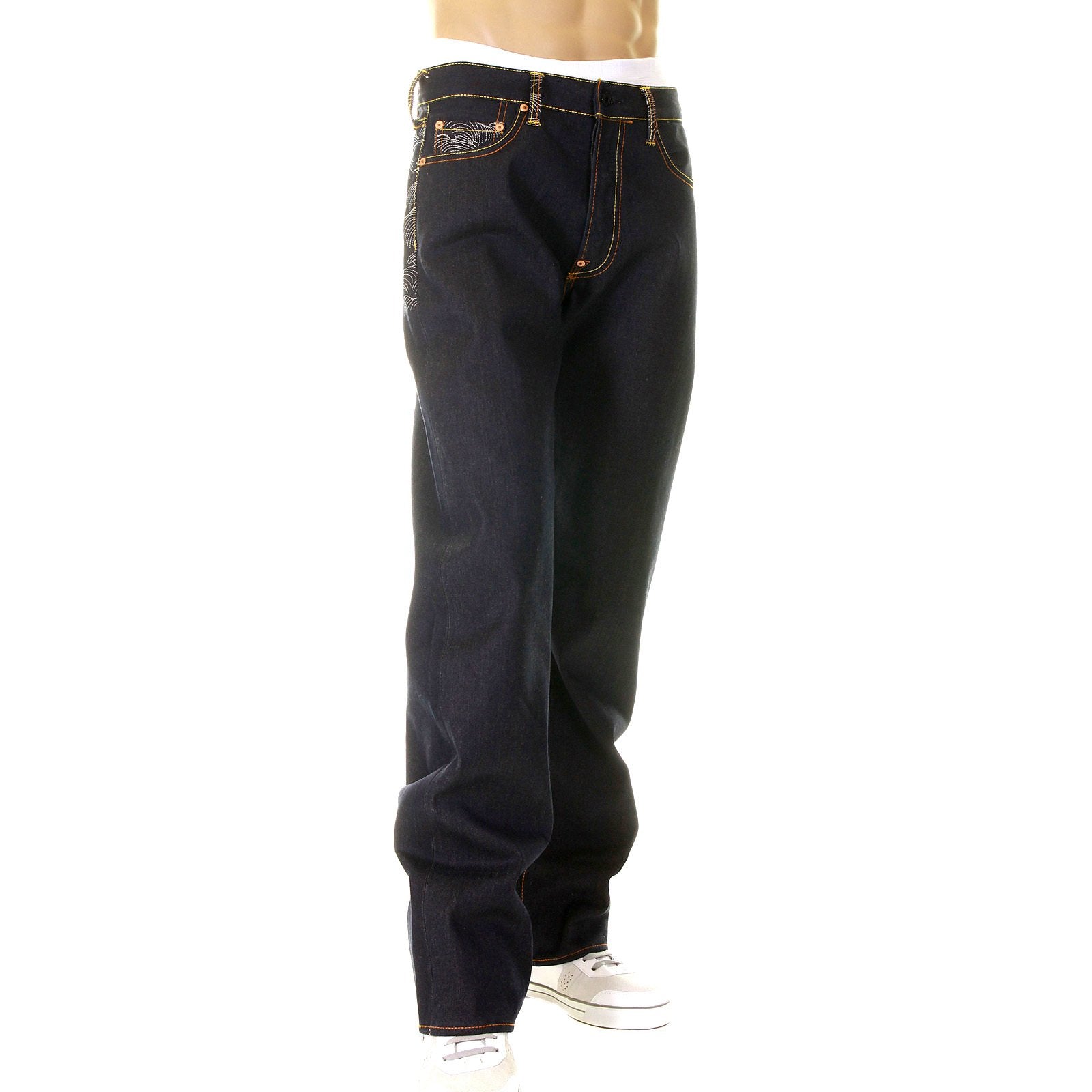 RMC SUPER EXCLUSIVE EMBROIDERED SILVER TSUNAMI WAVE DARK INDIGO VINTAGE CUT RAW DENIM JEANS FOR MEN REDM6217