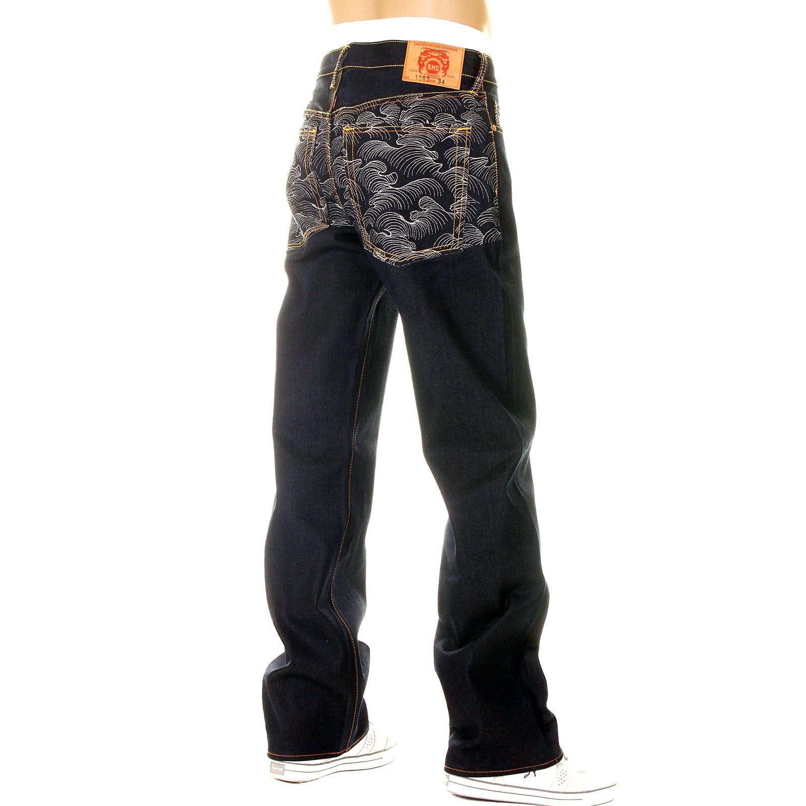 RMC SUPER EXCLUSIVE EMBROIDERED SILVER TSUNAMI WAVE DARK INDIGO VINTAGE CUT RAW DENIM JEANS FOR MEN REDM6217