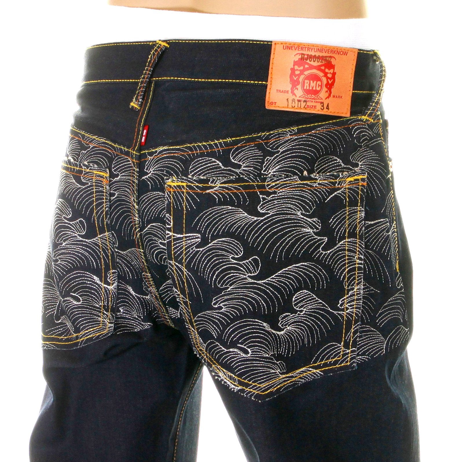 RMC SUPER EXCLUSIVE EMBROIDERED SILVER TSUNAMI WAVE DARK INDIGO VINTAGE CUT RAW DENIM JEANS FOR MEN REDM6217