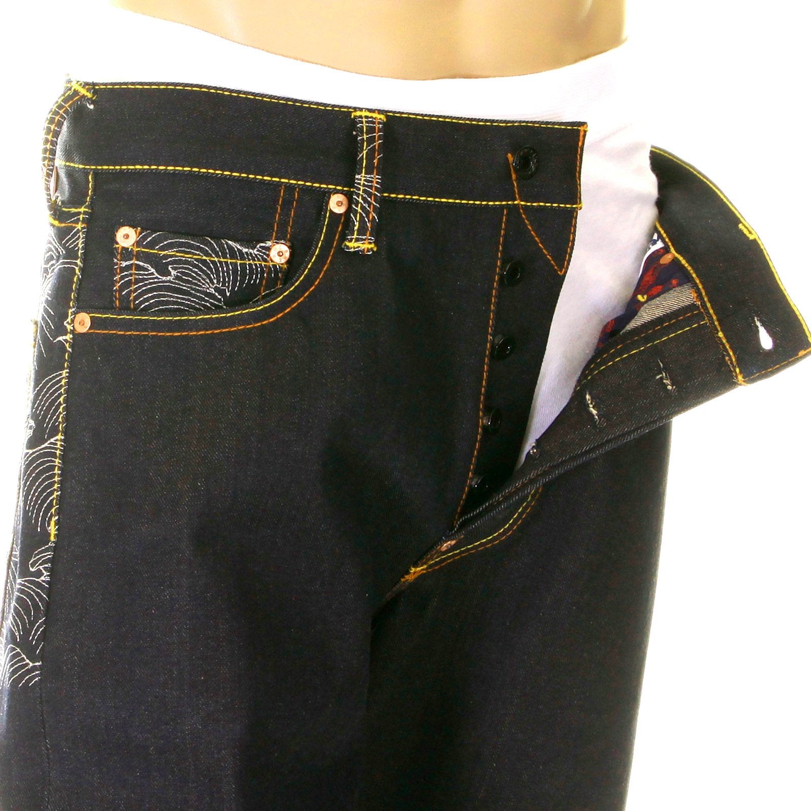 RMC SUPER EXCLUSIVE EMBROIDERED SILVER TSUNAMI WAVE DARK INDIGO VINTAGE CUT RAW DENIM JEANS FOR MEN REDM6217