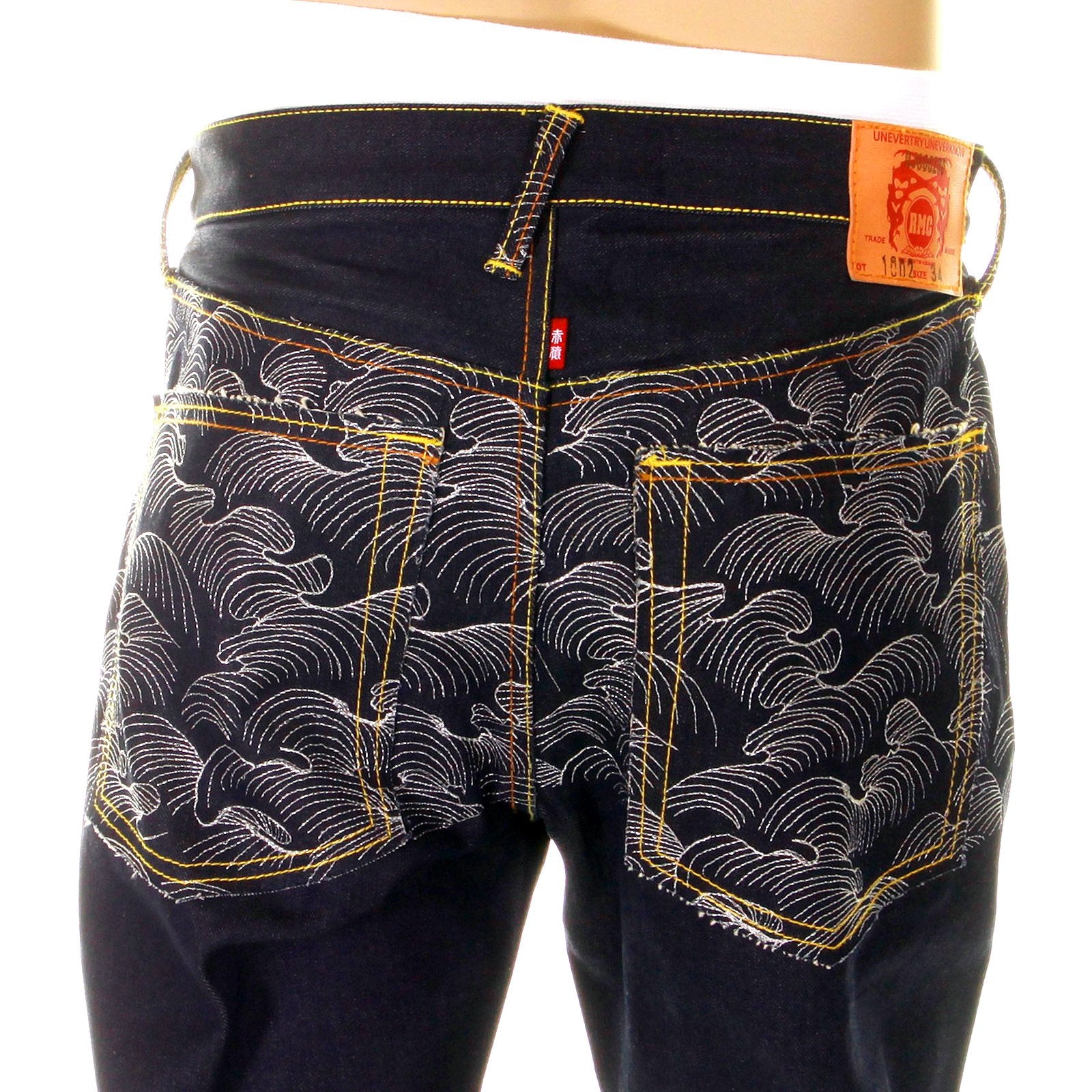RMC SUPER EXCLUSIVE EMBROIDERED SILVER TSUNAMI WAVE DARK INDIGO VINTAGE CUT RAW DENIM JEANS FOR MEN REDM6217