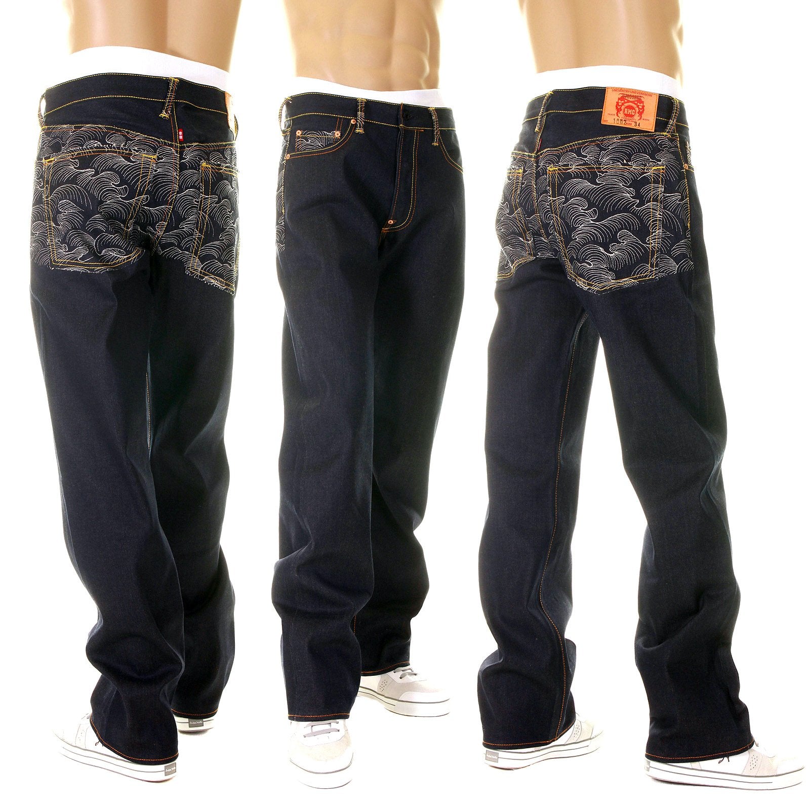 RMC SUPER EXCLUSIVE EMBROIDERED SILVER TSUNAMI WAVE DARK INDIGO VINTAGE CUT RAW DENIM JEANS FOR MEN REDM6217