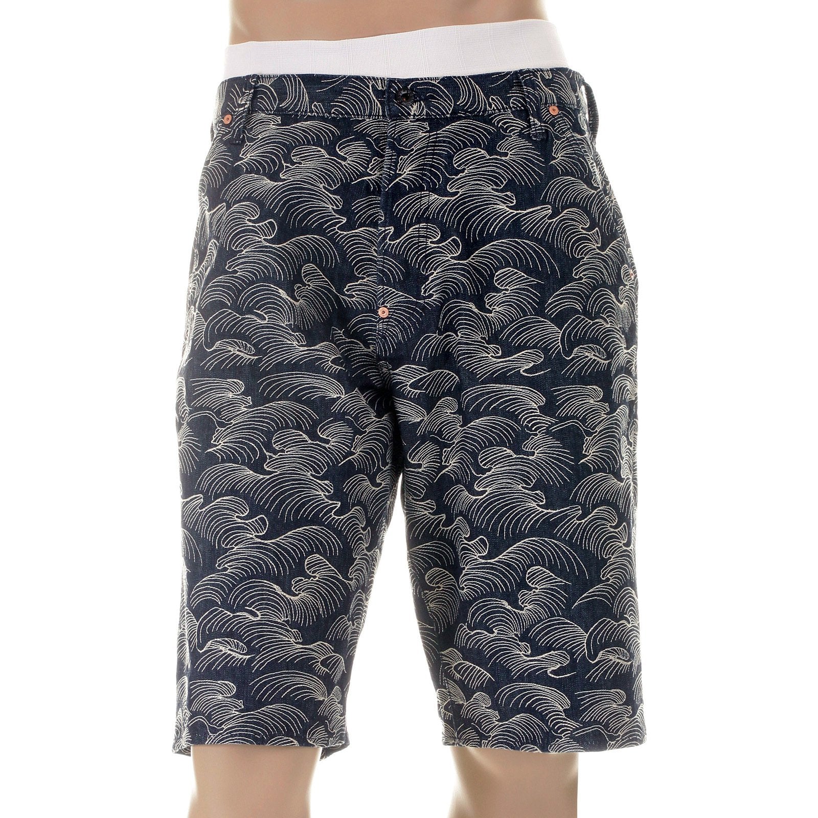 RMC MARTIN KSOHOH SUPER EXCLUSIVE AO10 FULLY EMBROIDERED OFF WHITE TSUNAMI WAVE DENIM SHORTS FOR MEN REDM5219