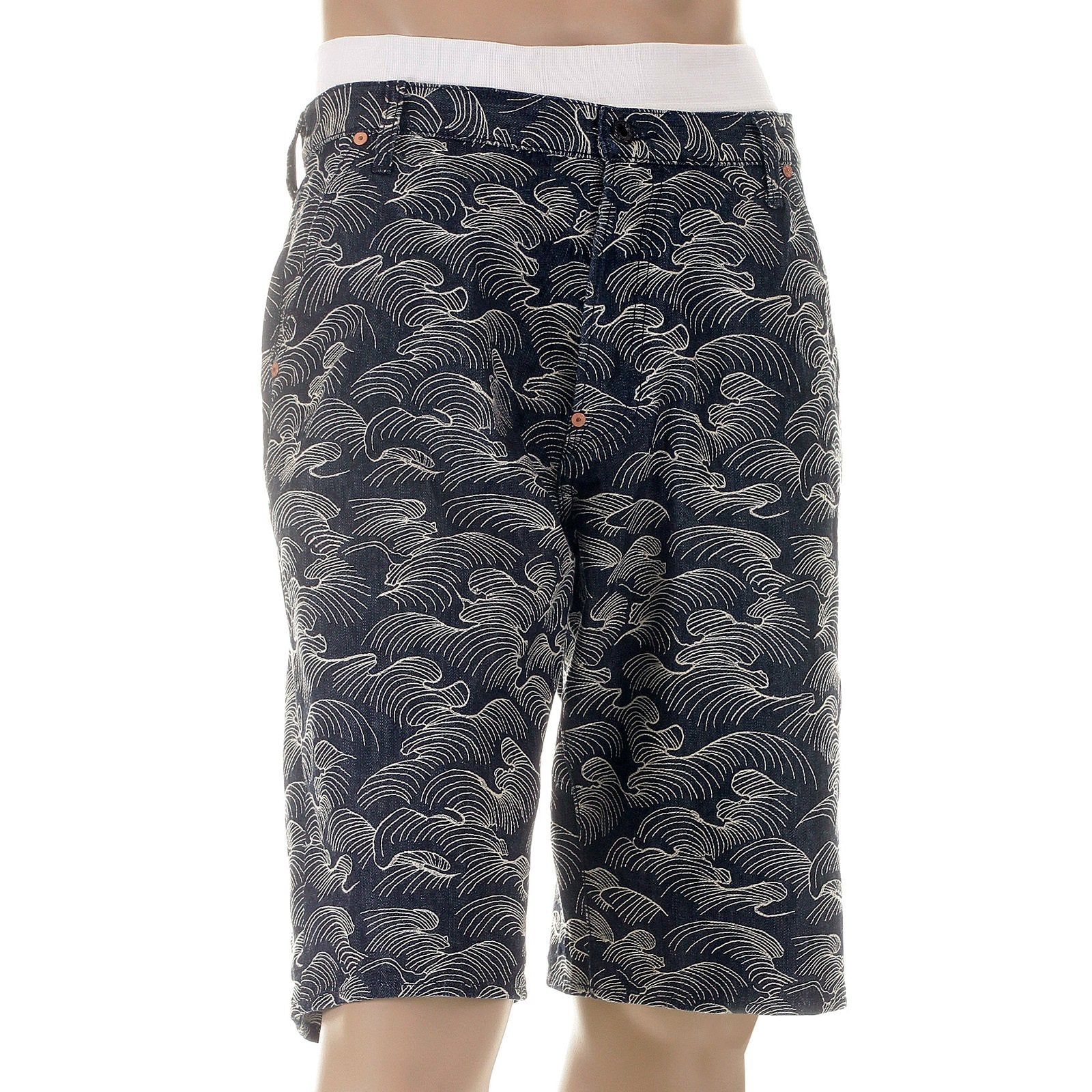 RMC MARTIN KSOHOH SUPER EXCLUSIVE AO10 FULLY EMBROIDERED OFF WHITE TSUNAMI WAVE DENIM SHORTS FOR MEN REDM5219