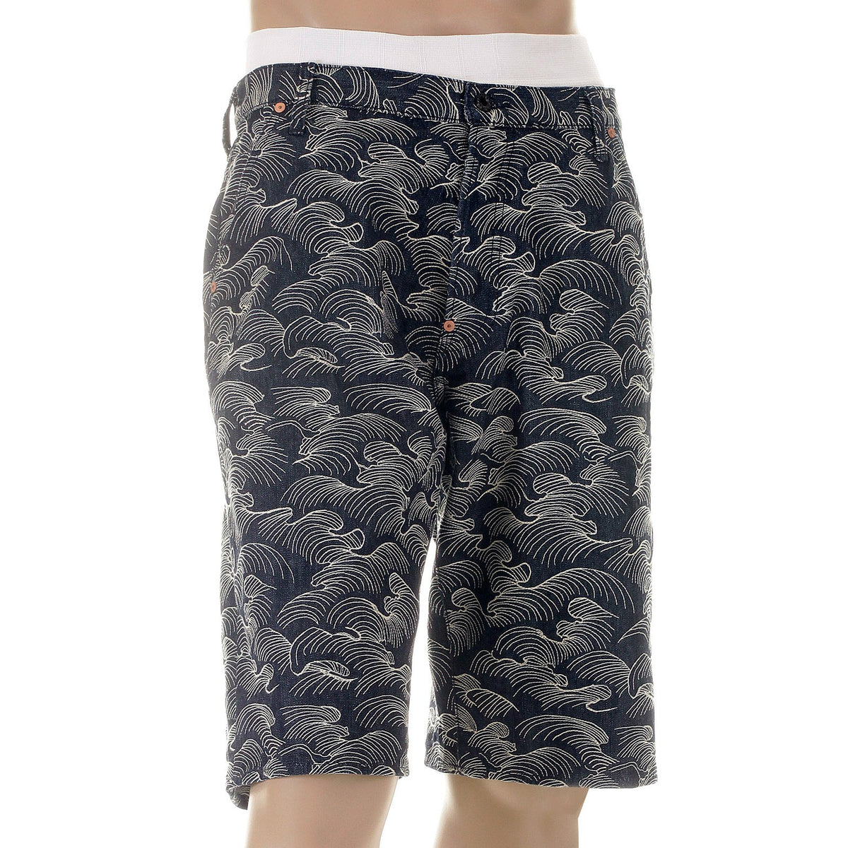 RMC MARTIN KSOHOH SUPER EXCLUSIVE AO10 FULLY EMBROIDERED OFF WHITE TSUNAMI WAVE DENIM SHORTS FOR MEN REDM5219