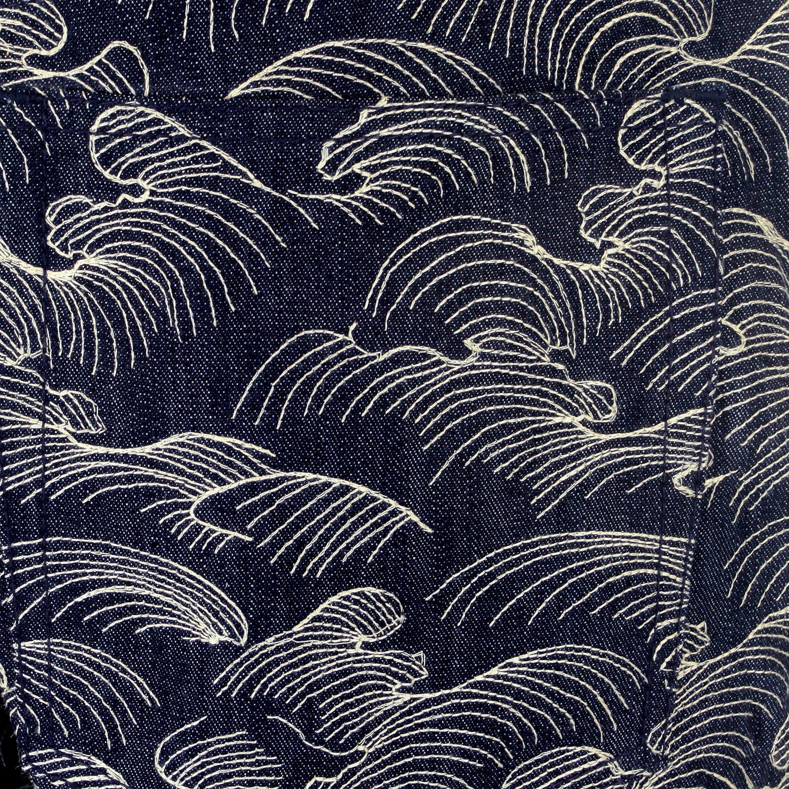 RMC MARTIN KSOHOH SUPER EXCLUSIVE AO10 FULLY EMBROIDERED OFF WHITE TSUNAMI WAVE DENIM SHORTS FOR MEN REDM5219