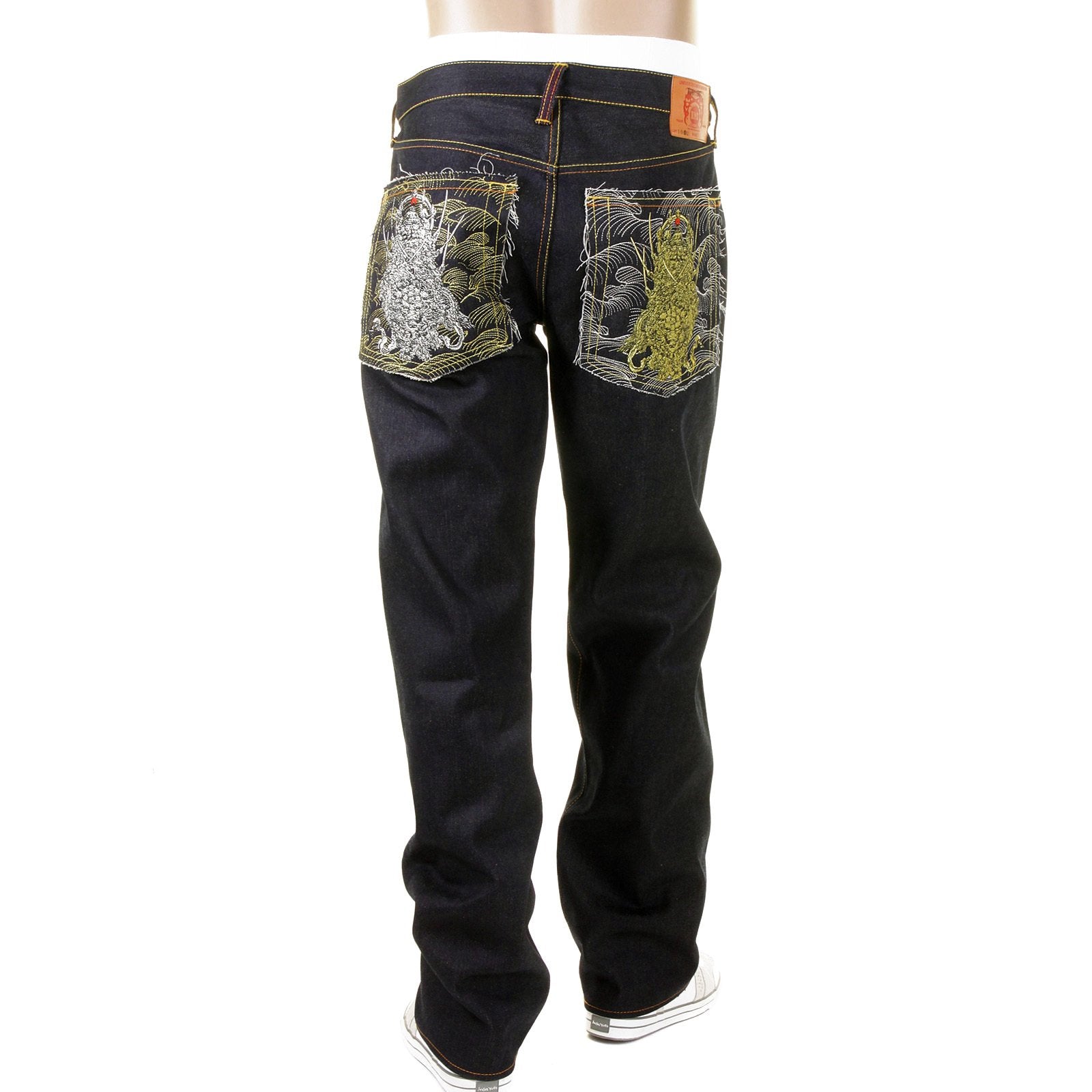 RMC MARTIN KSOHOH DARK INDIGO 4 FACE SILVER AND GOLD GOD SYMBOL EMBROIDERED VINTAGE CUT RAW DENIM JEANS REDM5638