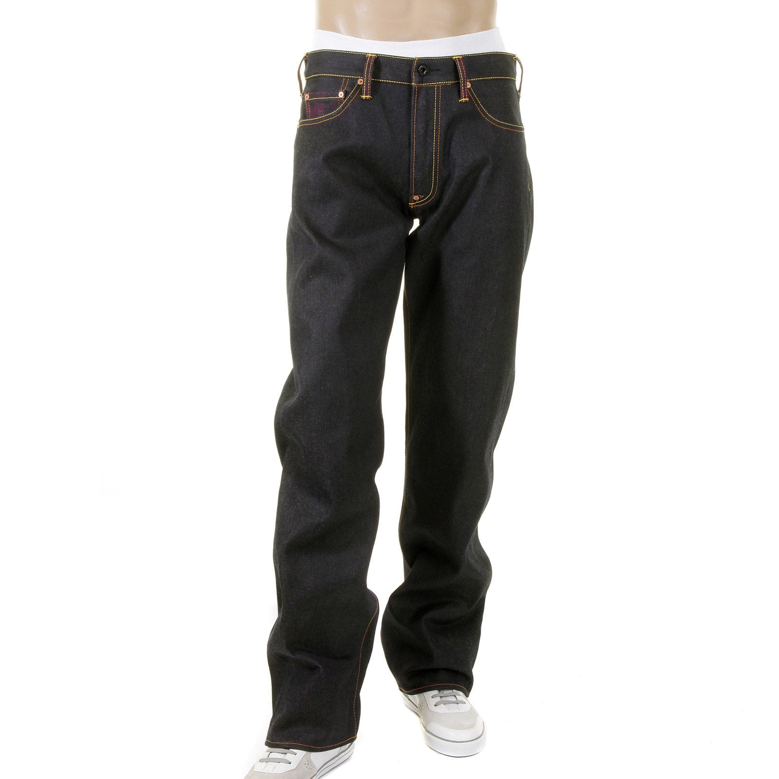 RMC MARTIN KSOHOH DARK INDIGO 4 FACE SILVER AND GOLD GOD SYMBOL EMBROIDERED VINTAGE CUT RAW DENIM JEANS REDM5638