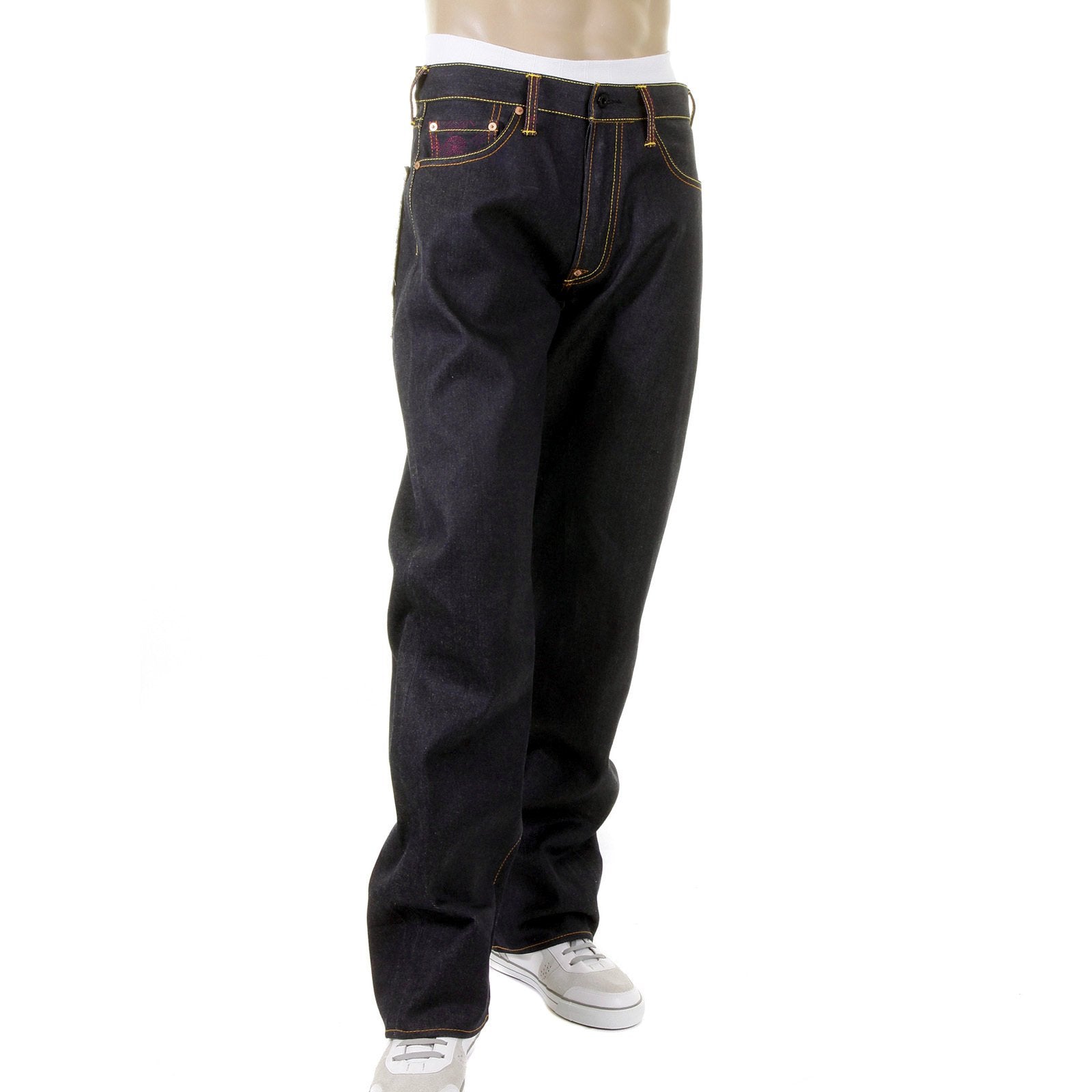 RMC MARTIN KSOHOH DARK INDIGO 4 FACE SILVER AND GOLD GOD SYMBOL EMBROIDERED VINTAGE CUT RAW DENIM JEANS REDM5638