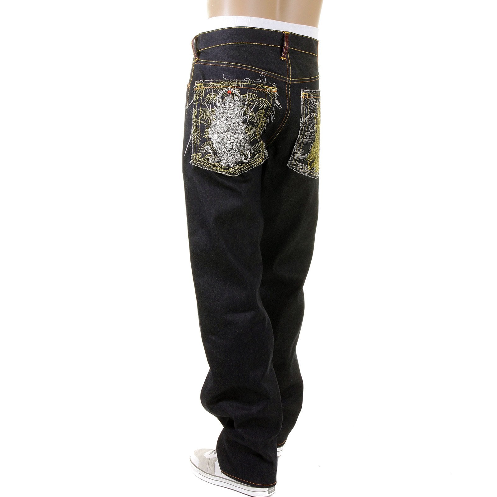 RMC MARTIN KSOHOH DARK INDIGO 4 FACE SILVER AND GOLD GOD SYMBOL EMBROIDERED VINTAGE CUT RAW DENIM JEANS REDM5638