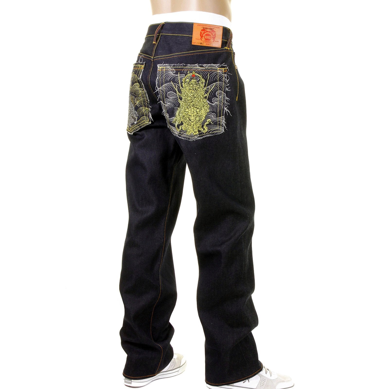 RMC MARTIN KSOHOH DARK INDIGO 4 FACE SILVER AND GOLD GOD SYMBOL EMBROIDERED VINTAGE CUT RAW DENIM JEANS REDM5638