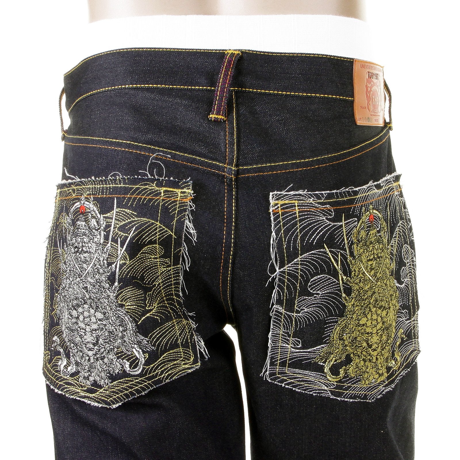 RMC MARTIN KSOHOH DARK INDIGO 4 FACE SILVER AND GOLD GOD SYMBOL EMBROIDERED VINTAGE CUT RAW DENIM JEANS REDM5638