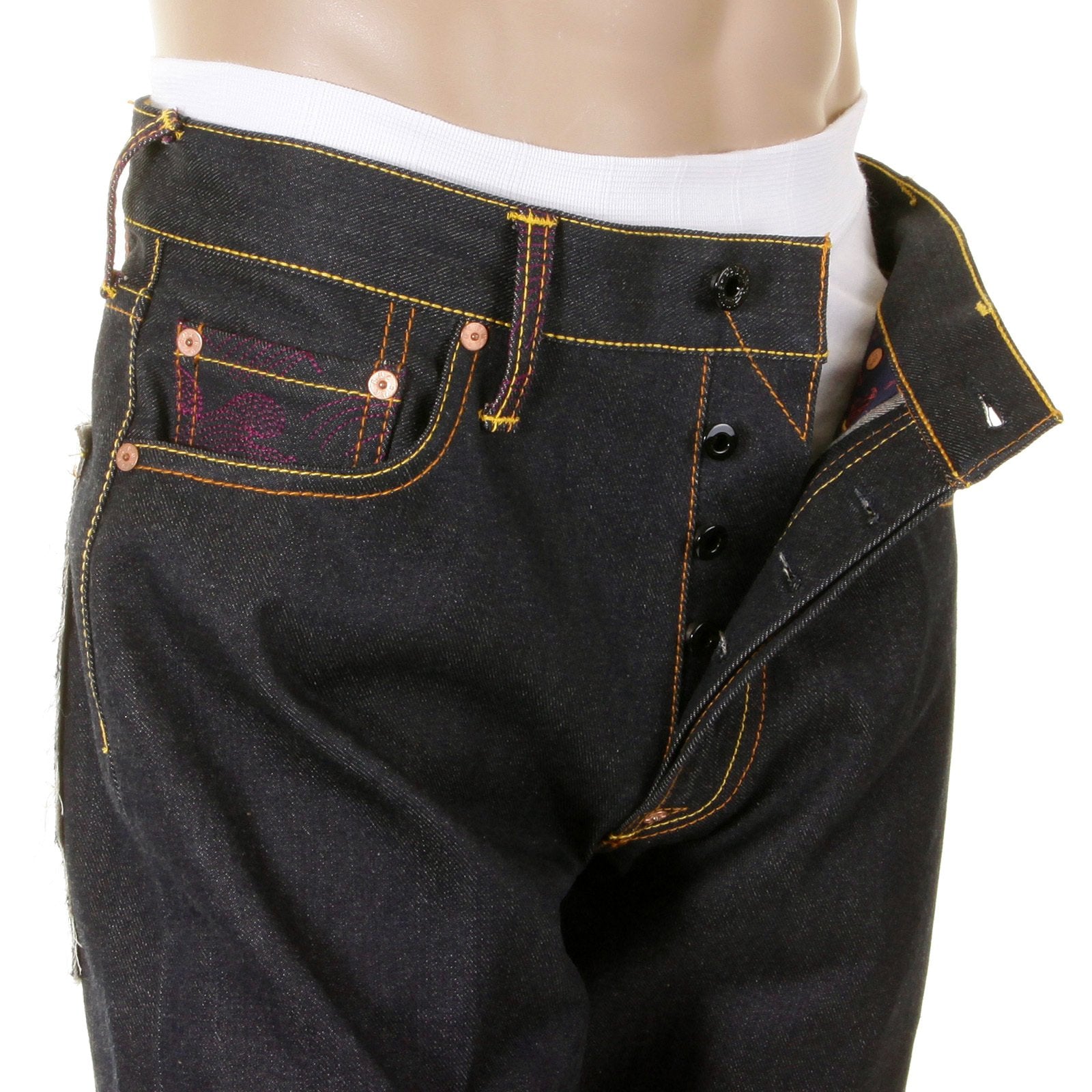 RMC MARTIN KSOHOH DARK INDIGO 4 FACE SILVER AND GOLD GOD SYMBOL EMBROIDERED VINTAGE CUT RAW DENIM JEANS REDM5638