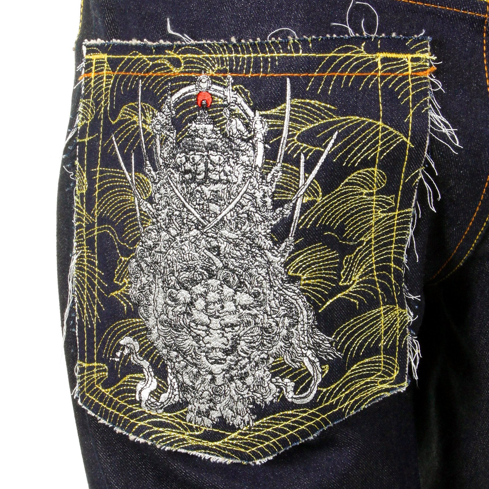 RMC MARTIN KSOHOH DARK INDIGO 4 FACE SILVER AND GOLD GOD SYMBOL EMBROIDERED VINTAGE CUT RAW DENIM JEANS REDM5638