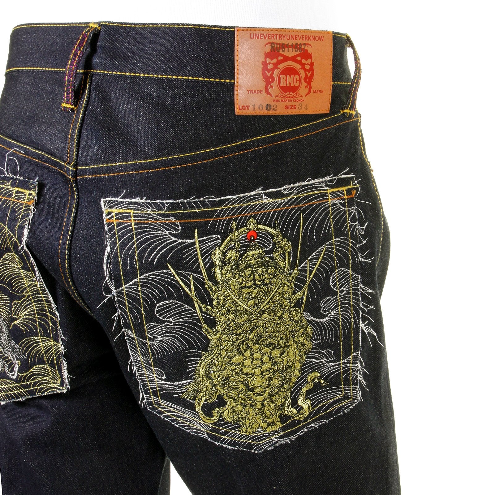 RMC MARTIN KSOHOH DARK INDIGO 4 FACE SILVER AND GOLD GOD SYMBOL EMBROIDERED VINTAGE CUT RAW DENIM JEANS REDM5638