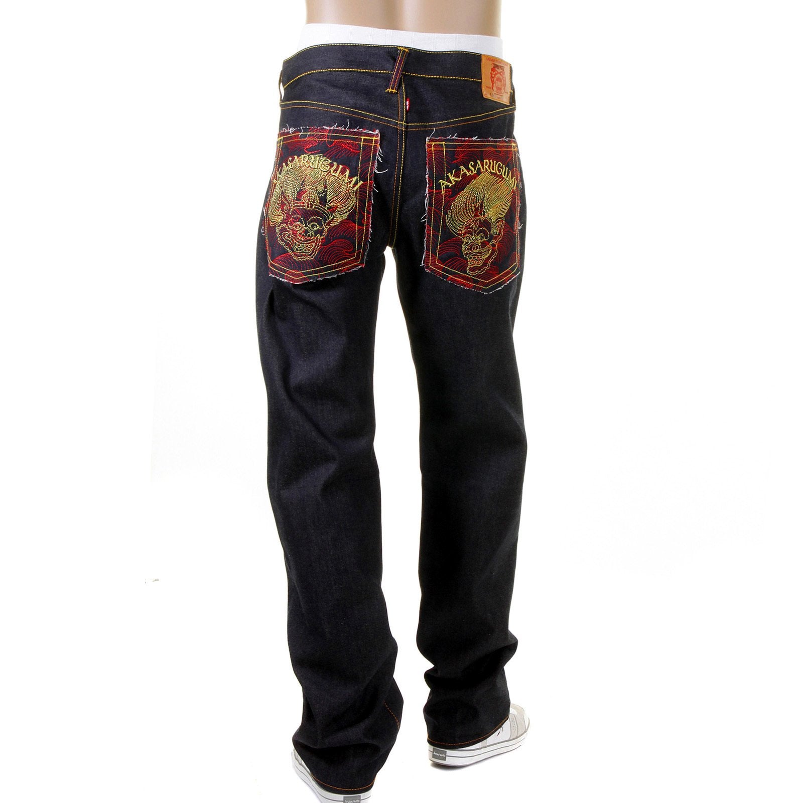 RMC JEANS VINTAGE CUT DARK INDIGO COTTON HOUSE SELVEDGE RAW DENIM JEANS WITH AKASARUGUMI EMBROIDERY REDM5644