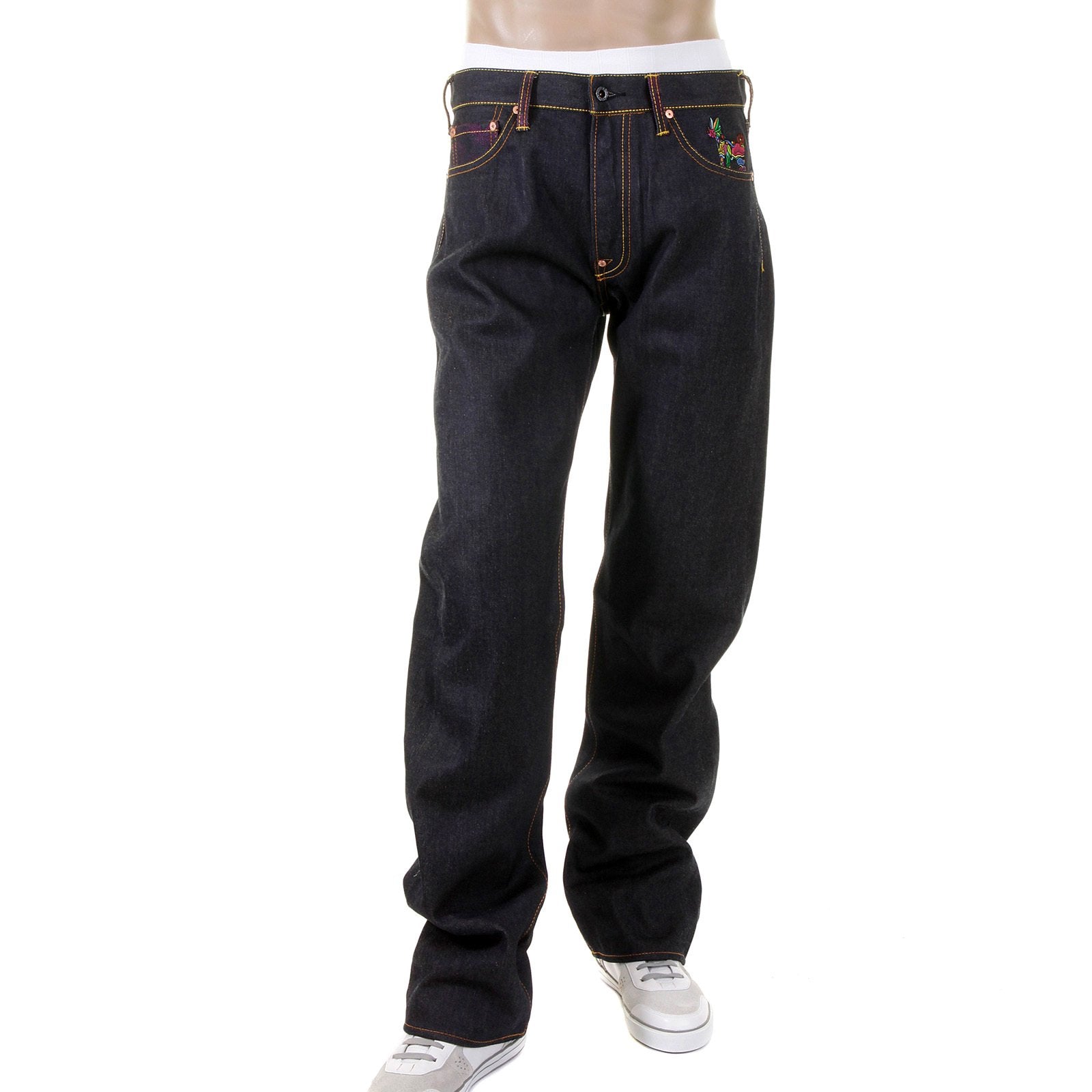 RMC JEANS VINTAGE CUT DARK INDIGO COTTON HOUSE SELVEDGE RAW DENIM JEANS WITH AKASARUGUMI EMBROIDERY REDM5644