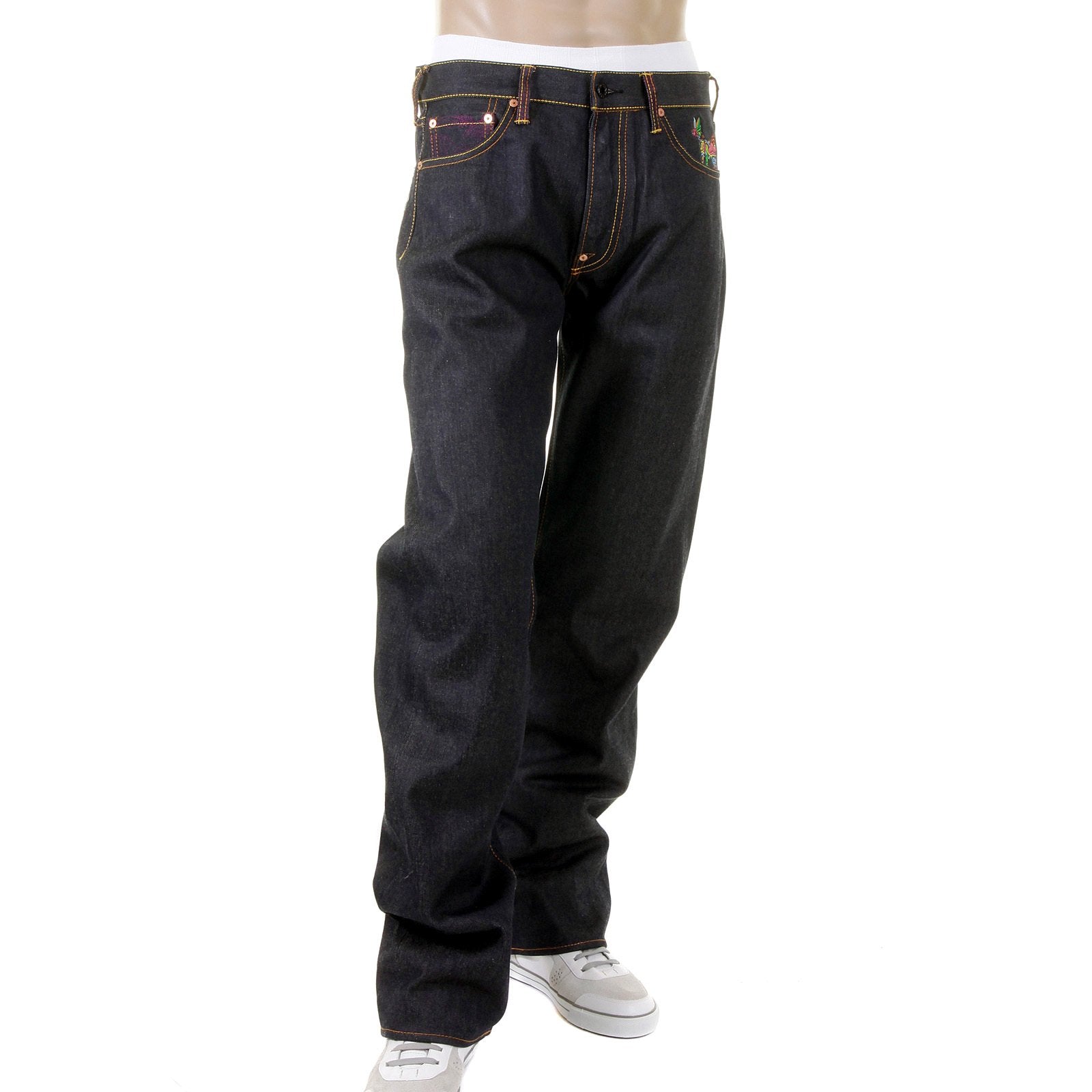 RMC JEANS VINTAGE CUT DARK INDIGO COTTON HOUSE SELVEDGE RAW DENIM JEANS WITH AKASARUGUMI EMBROIDERY REDM5644