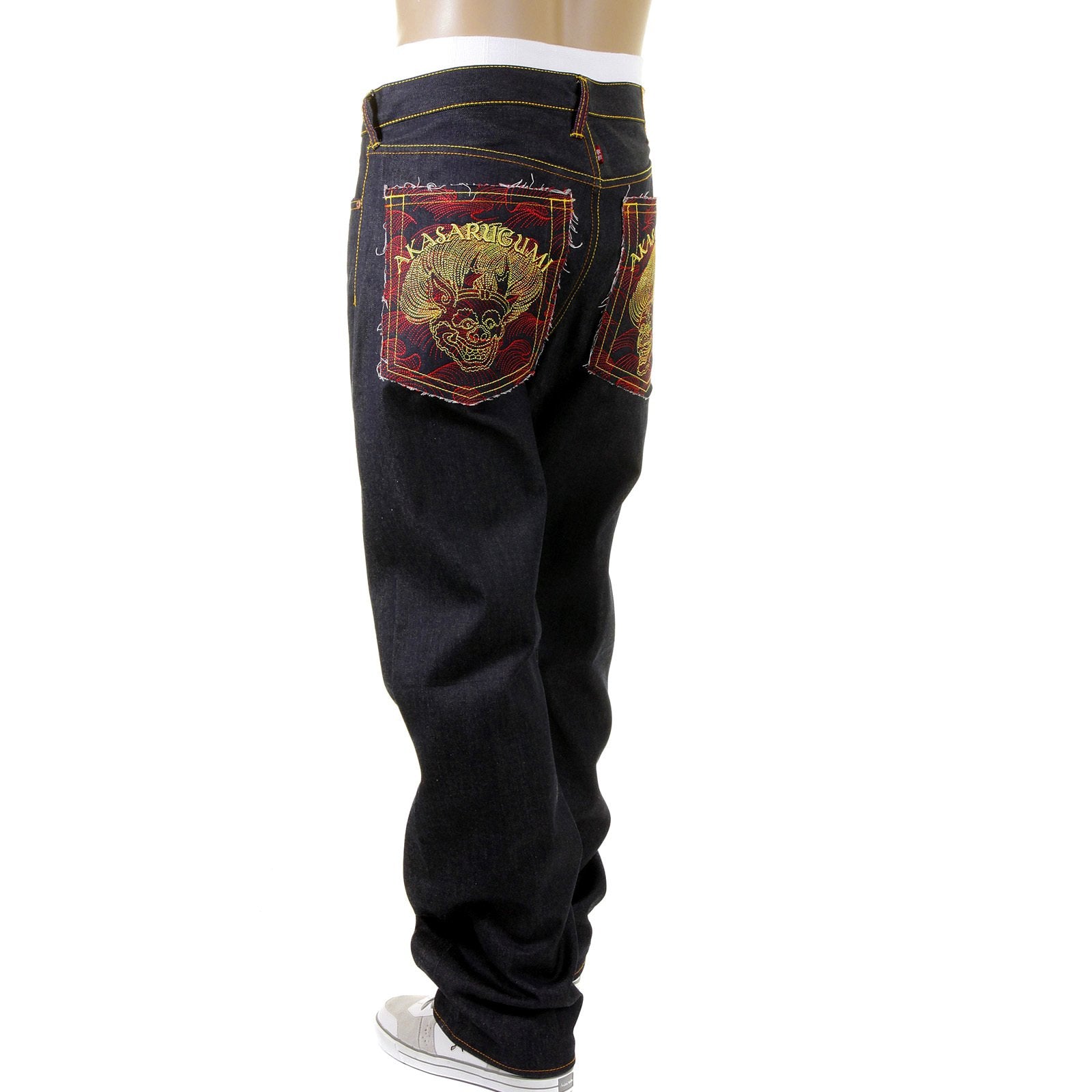 RMC JEANS VINTAGE CUT DARK INDIGO COTTON HOUSE SELVEDGE RAW DENIM JEANS WITH AKASARUGUMI EMBROIDERY REDM5644